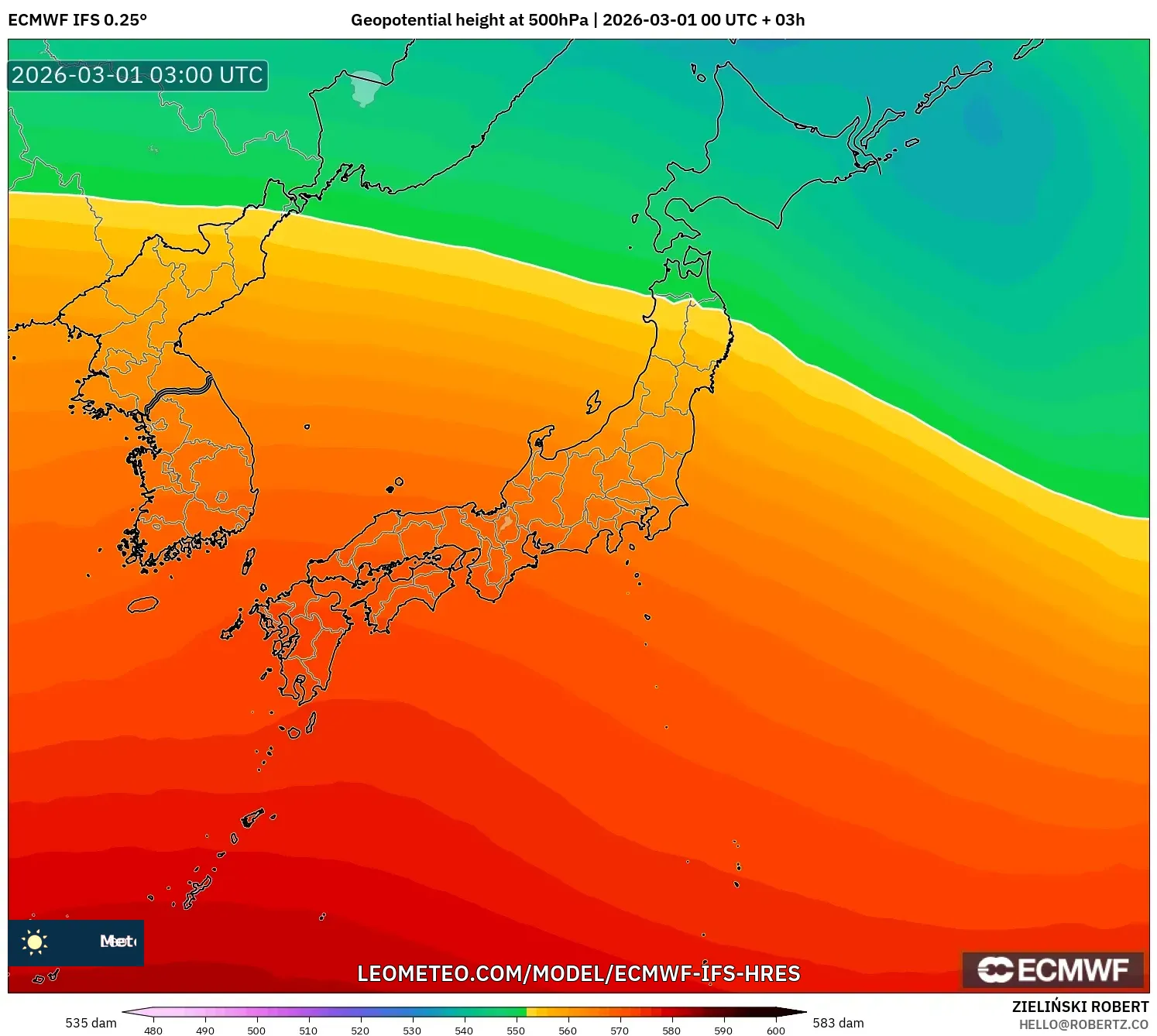 ECMWF IFS 0.25° model - Japón, Altura geopotencial a 500 hPa