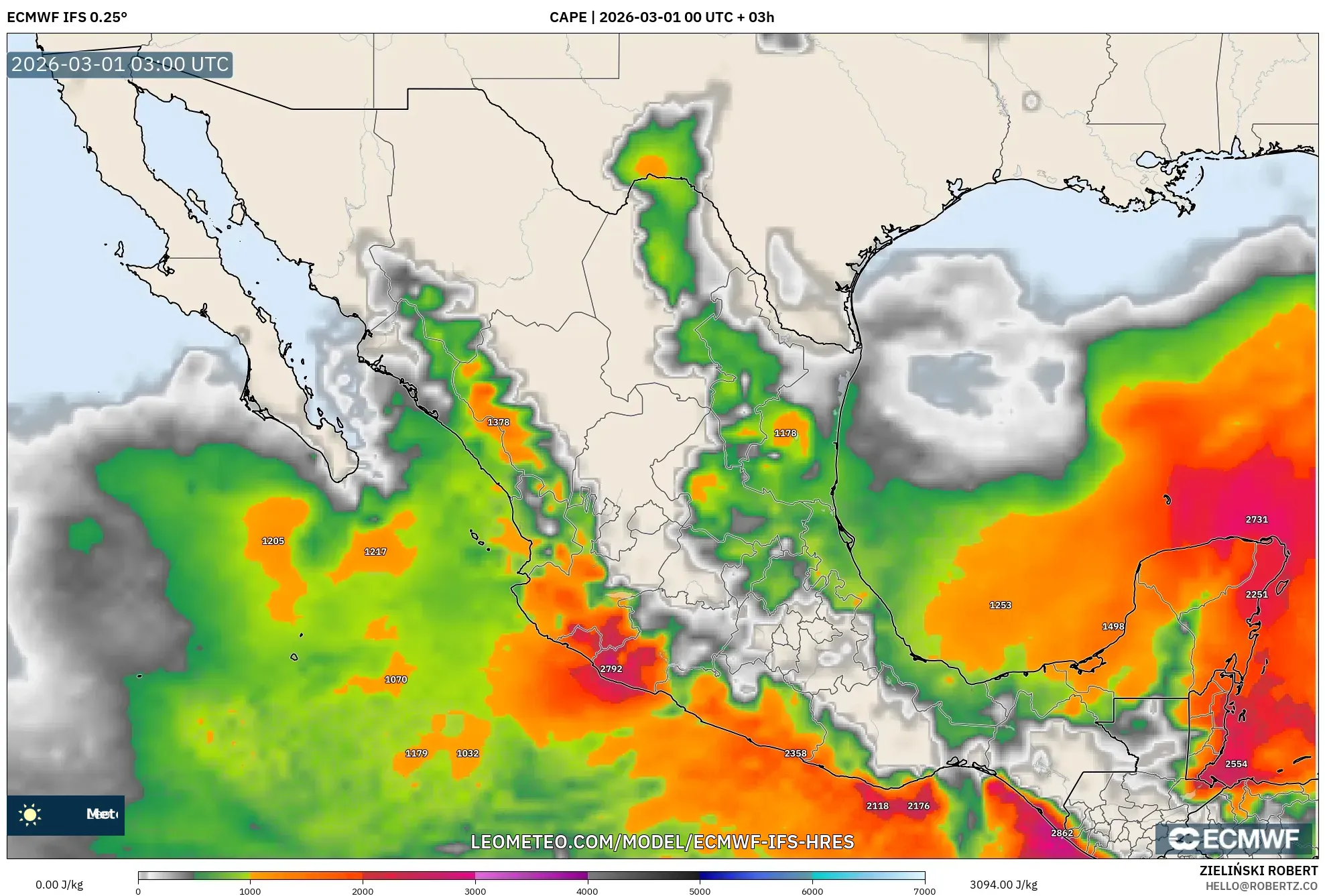 ECMWF IFS 0.25° model - México, CAPE