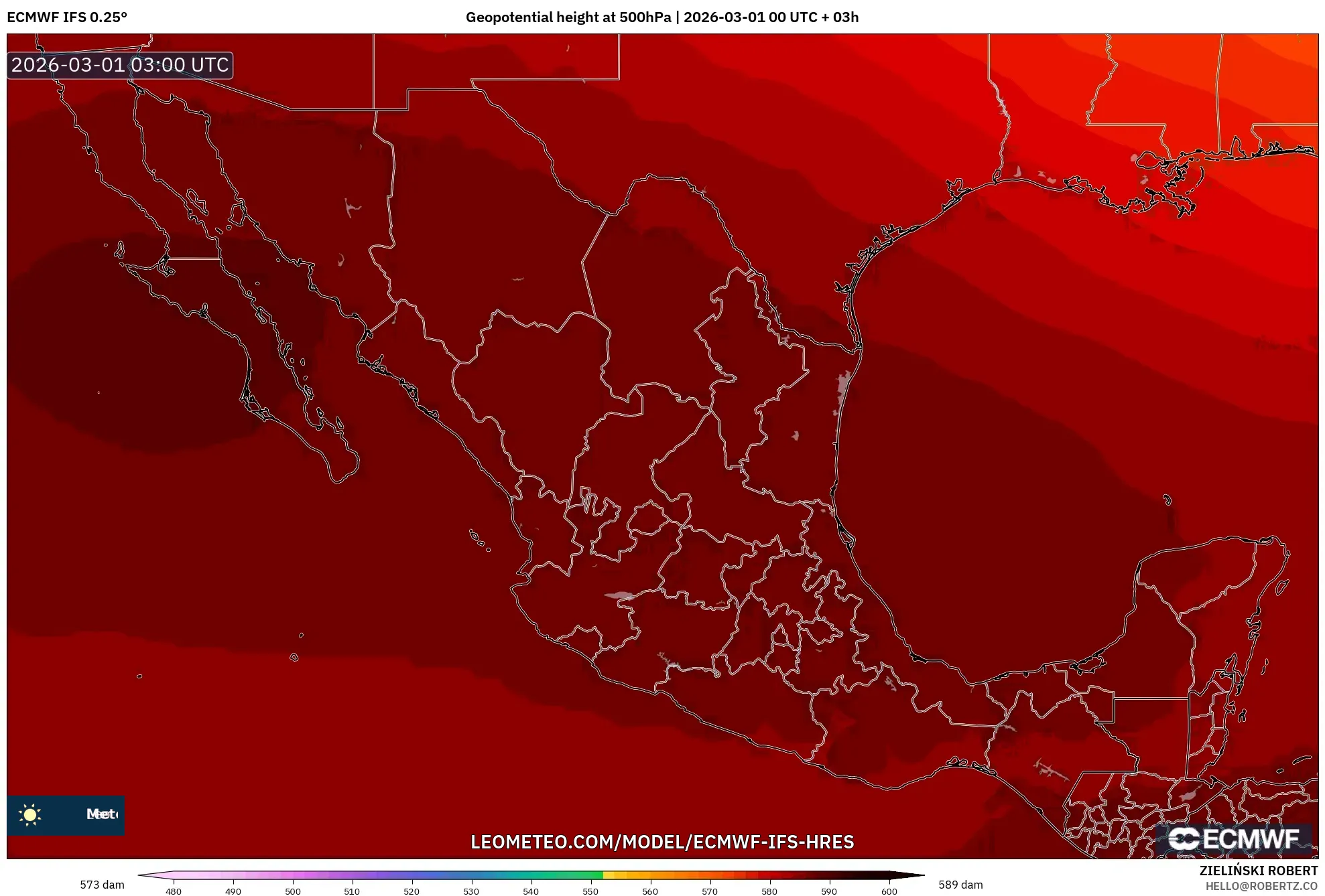 ECMWF IFS 0.25° model - México, Altura geopotencial a 500 hPa