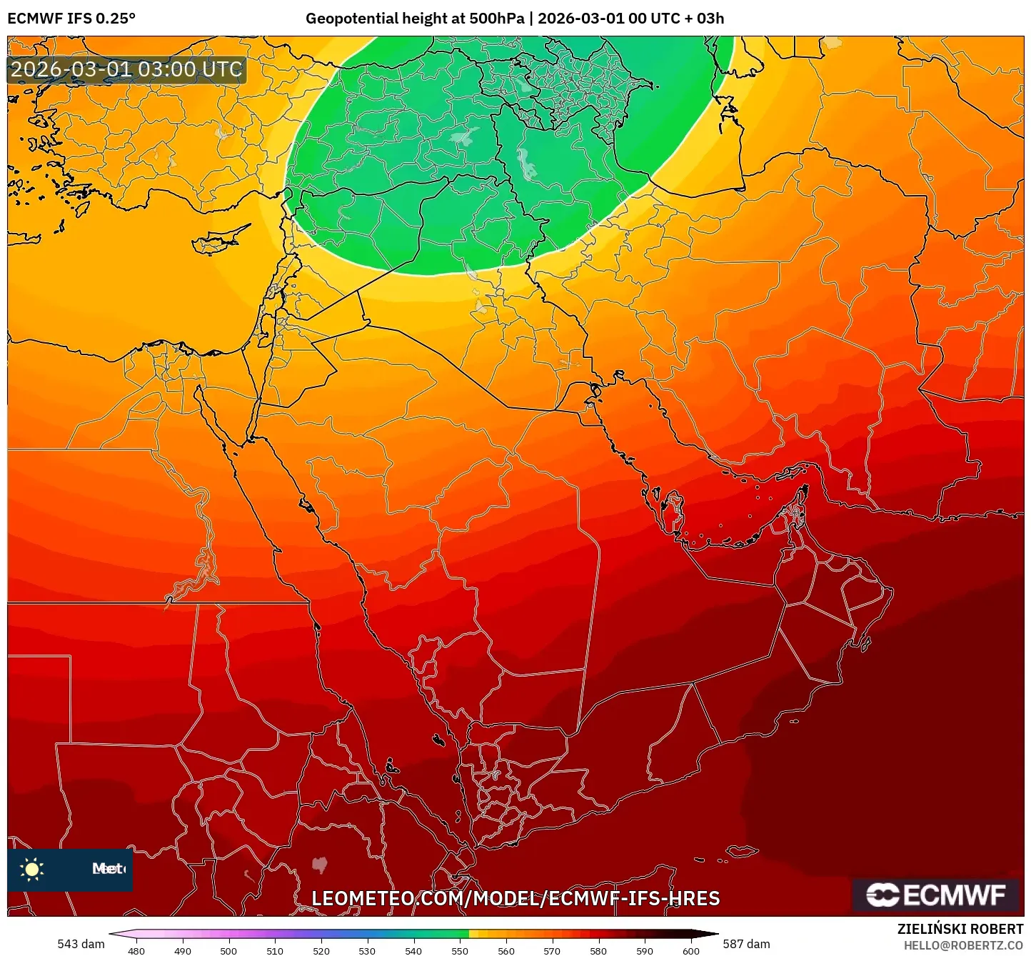 ECMWF IFS 0.25° model - Oriente Medio, Altura geopotencial a 500 hPa