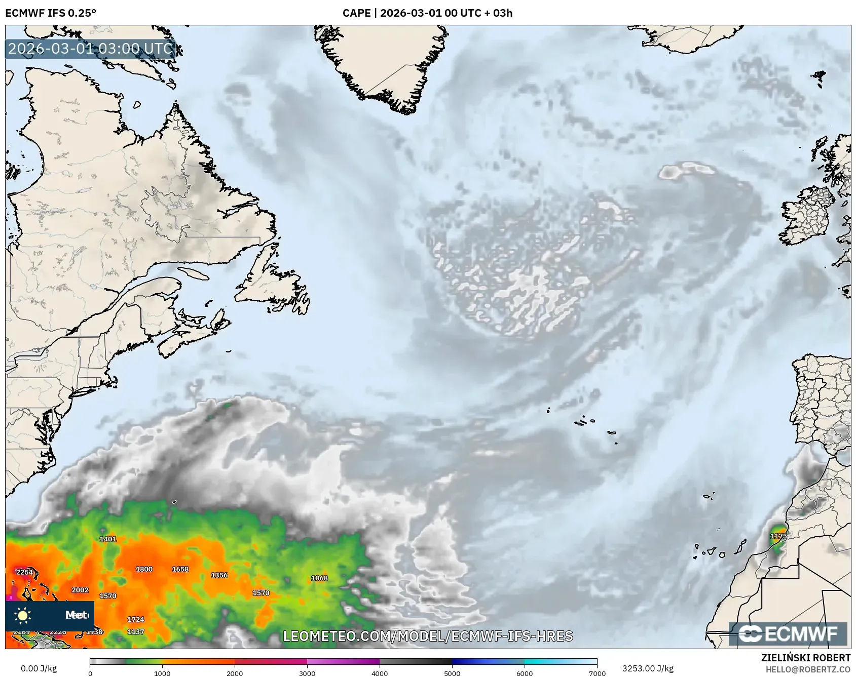 ECMWF IFS 0.25° model - Norte Atlántico, CAPE