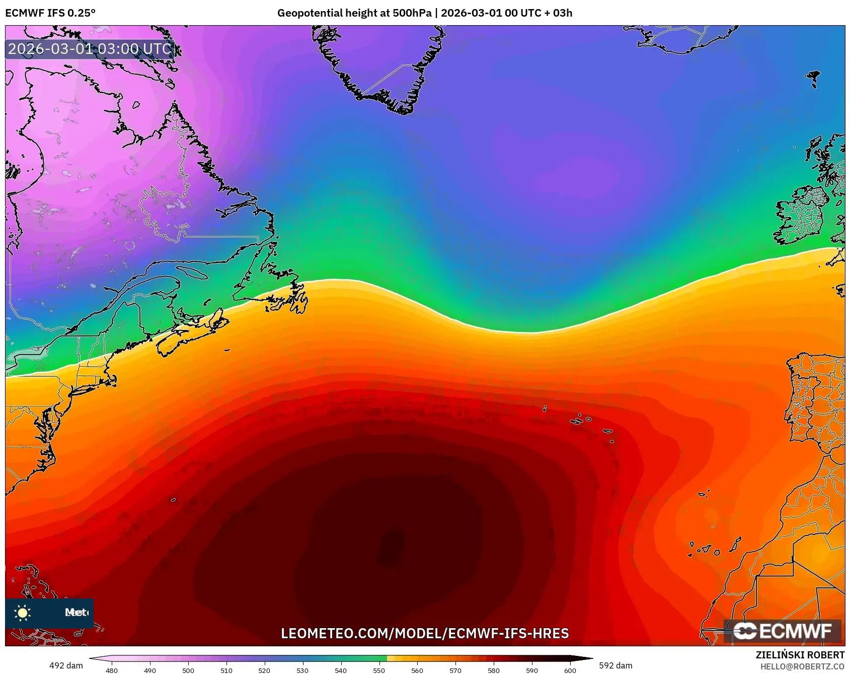 ECMWF IFS 0.25° model - Norte Atlántico, Altura geopotencial a 500 hPa