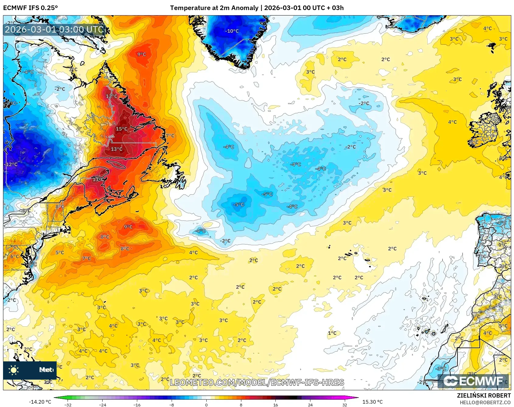 ECMWF IFS 0.25° model - Norte Atlántico, Anomalía de temperatura a 2 m
