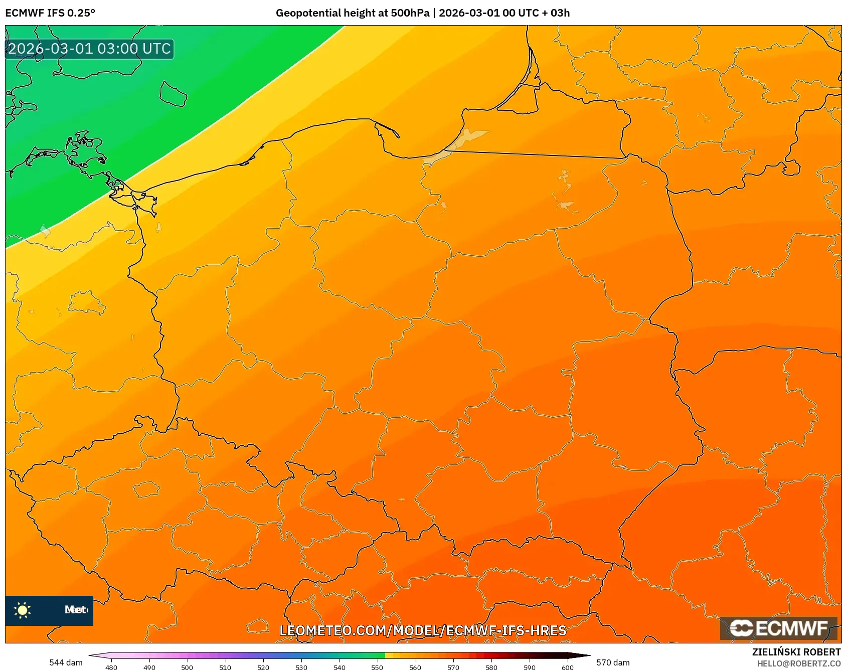 ECMWF IFS 0.25° model - Polonia, Altura geopotencial a 500 hPa