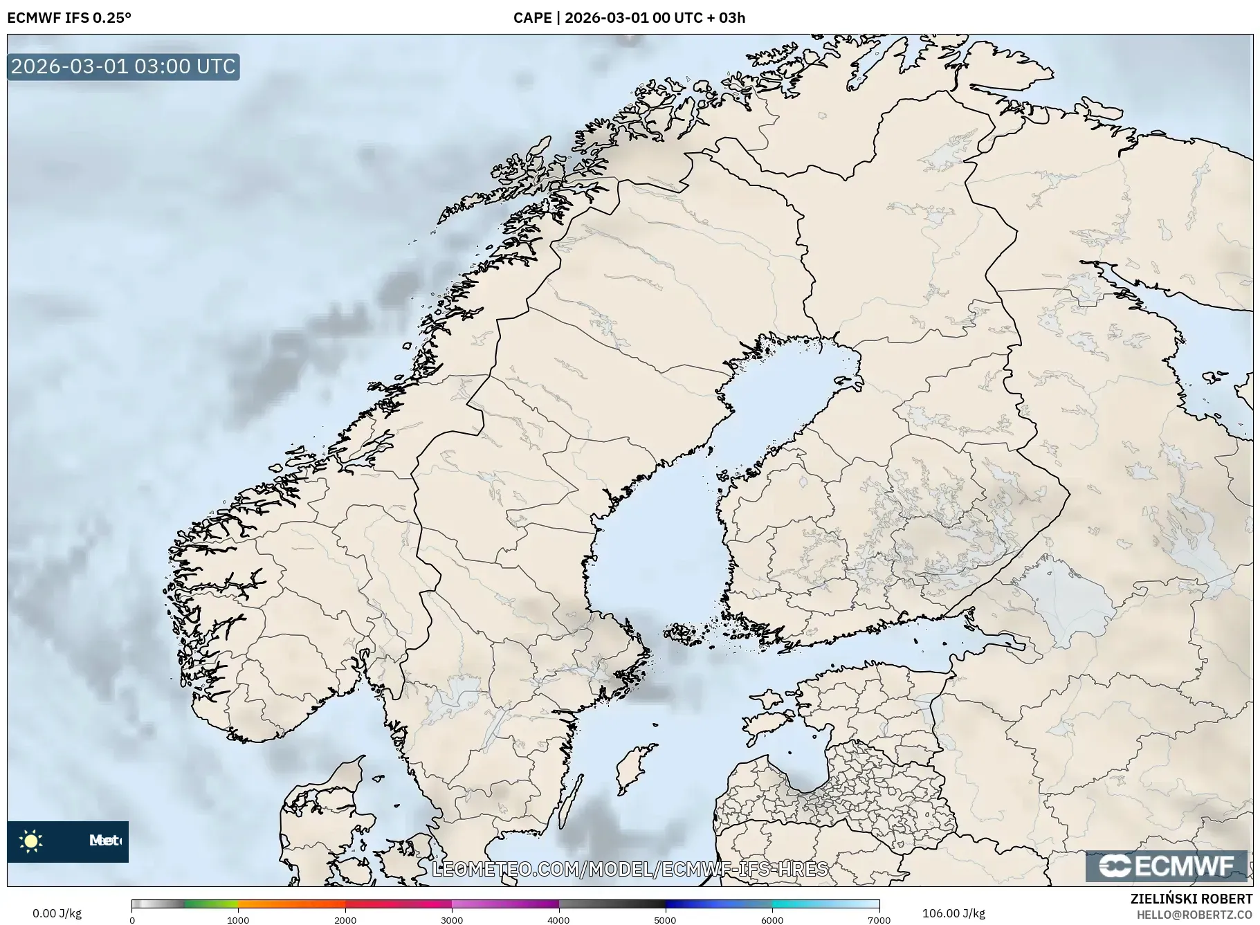 ECMWF IFS 0.25° model - Escandinavia, CAPE