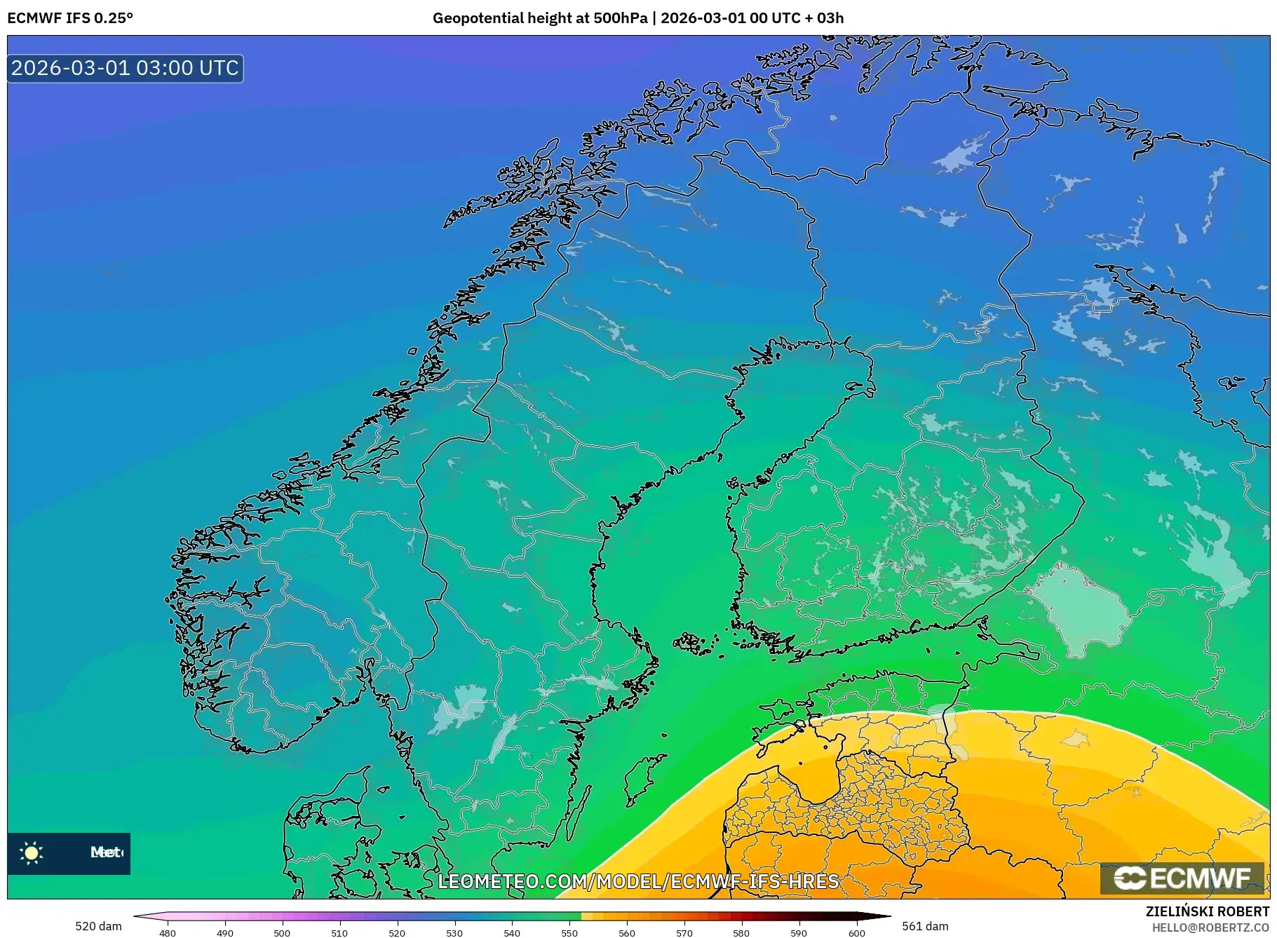 ECMWF IFS 0.25° model - Escandinavia, Altura geopotencial a 500 hPa