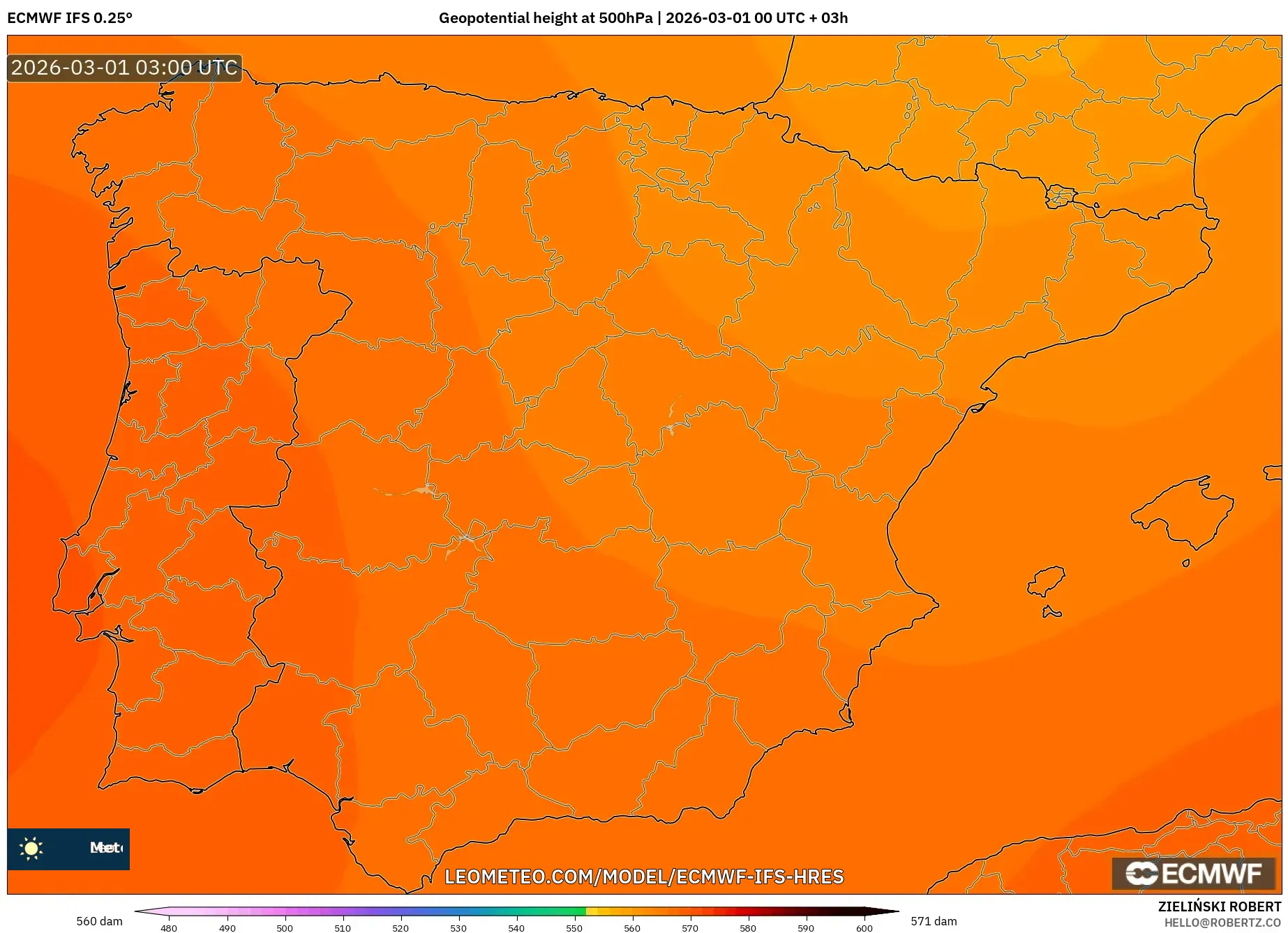 ECMWF IFS 0.25° model - España, Altura geopotencial a 500 hPa
