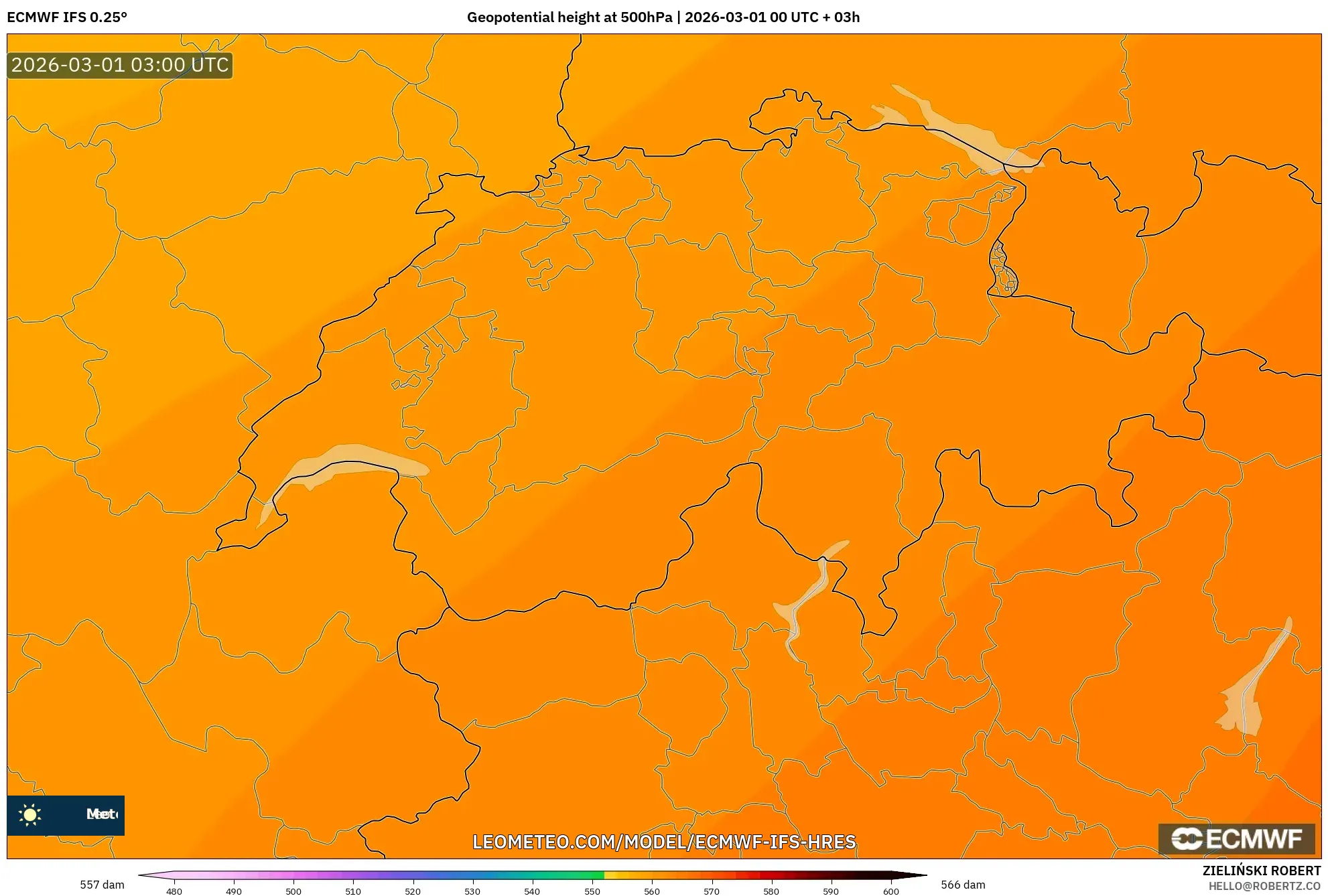 ECMWF IFS 0.25° model - Suiza, Altura geopotencial a 500 hPa