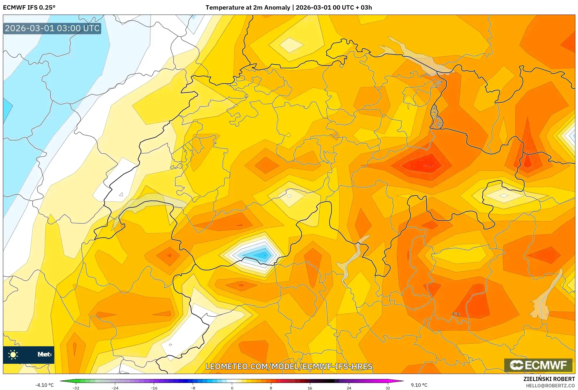 ECMWF IFS 0.25° model - Suiza, Anomalía de temperatura a 2 m