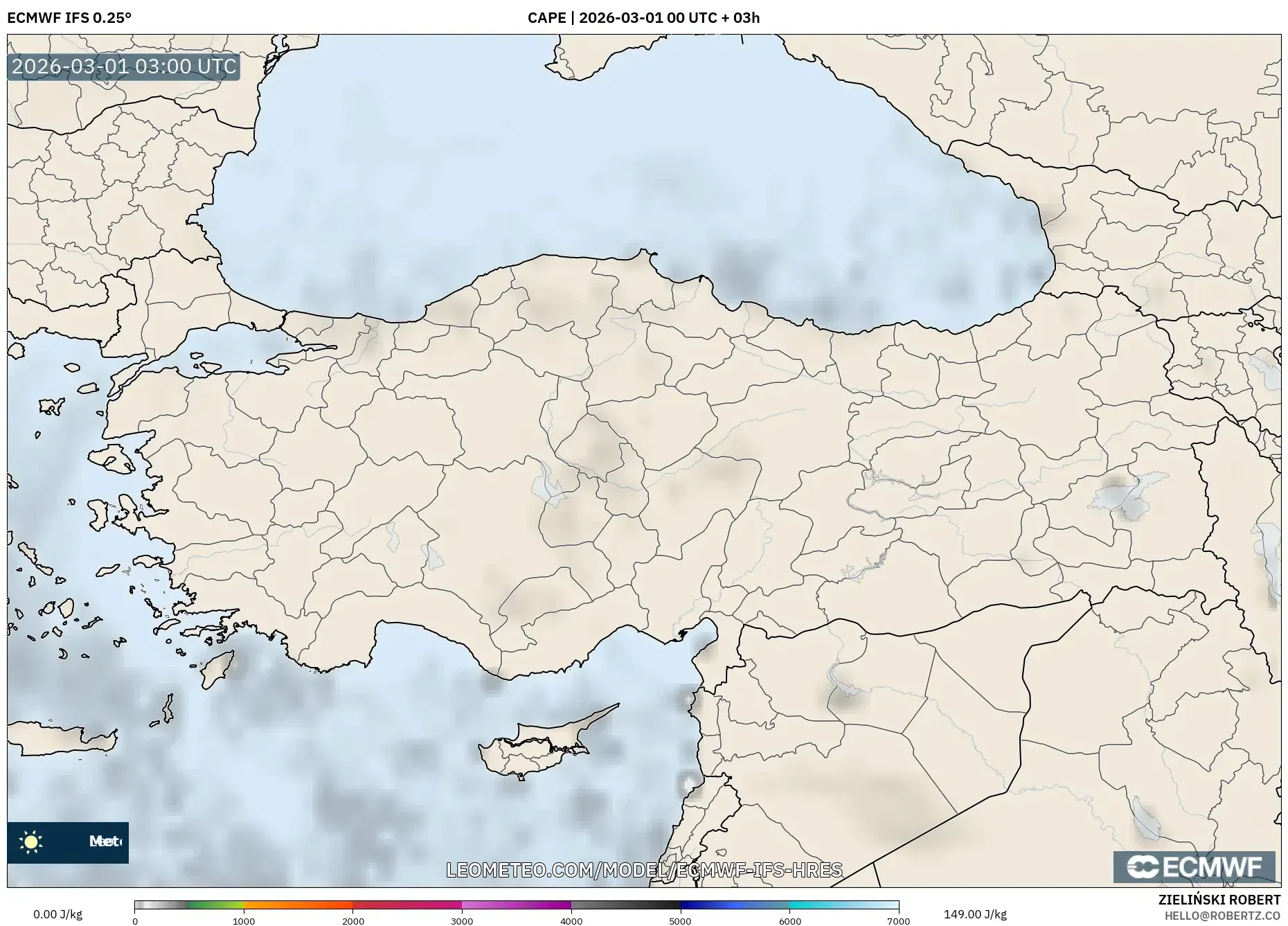 ECMWF IFS 0.25° model - Turquía, CAPE