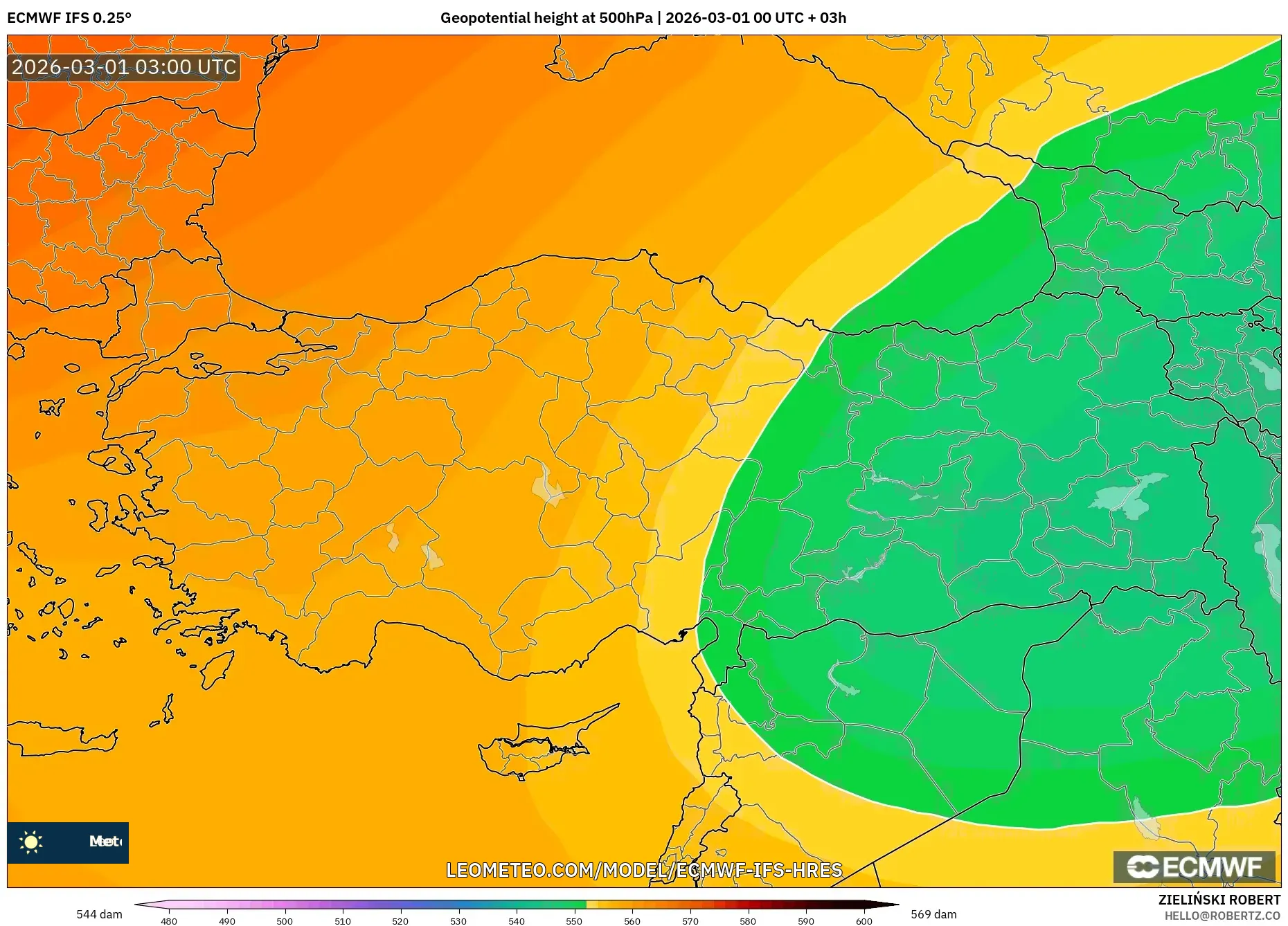 ECMWF IFS 0.25° model - Turquía, Altura geopotencial a 500 hPa