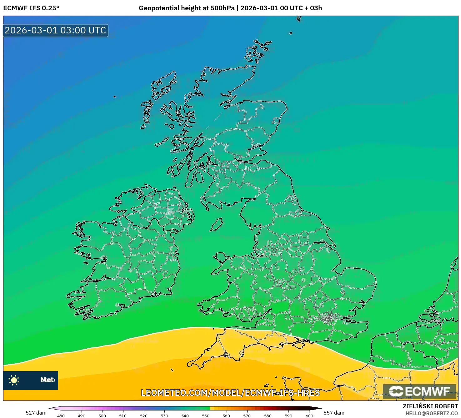 ECMWF IFS 0.25° model - Reino Unido, Altura geopotencial a 500 hPa