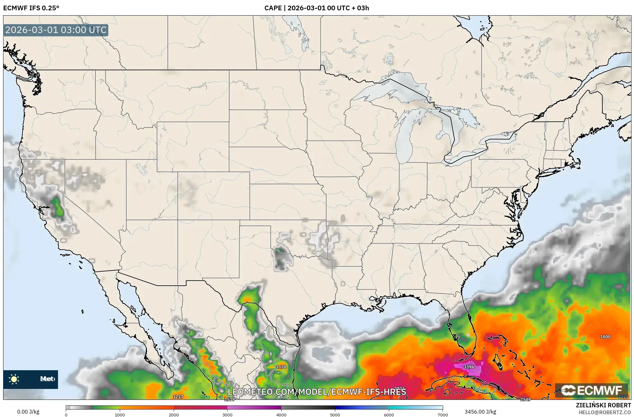 ECMWF IFS 0.25° model - Estados Unidos, CAPE
