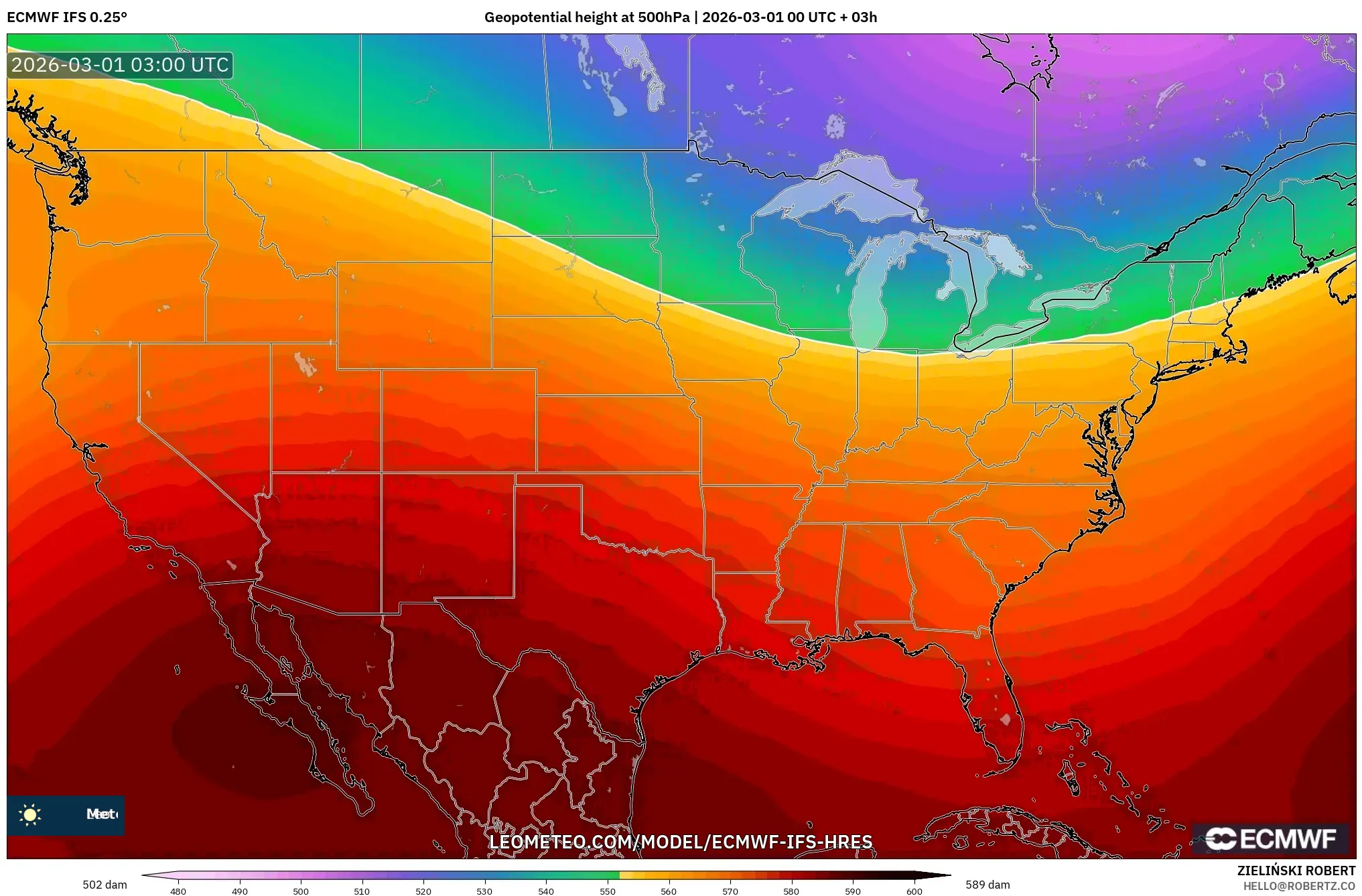 ECMWF IFS 0.25° model - Estados Unidos, Altura geopotencial a 500 hPa