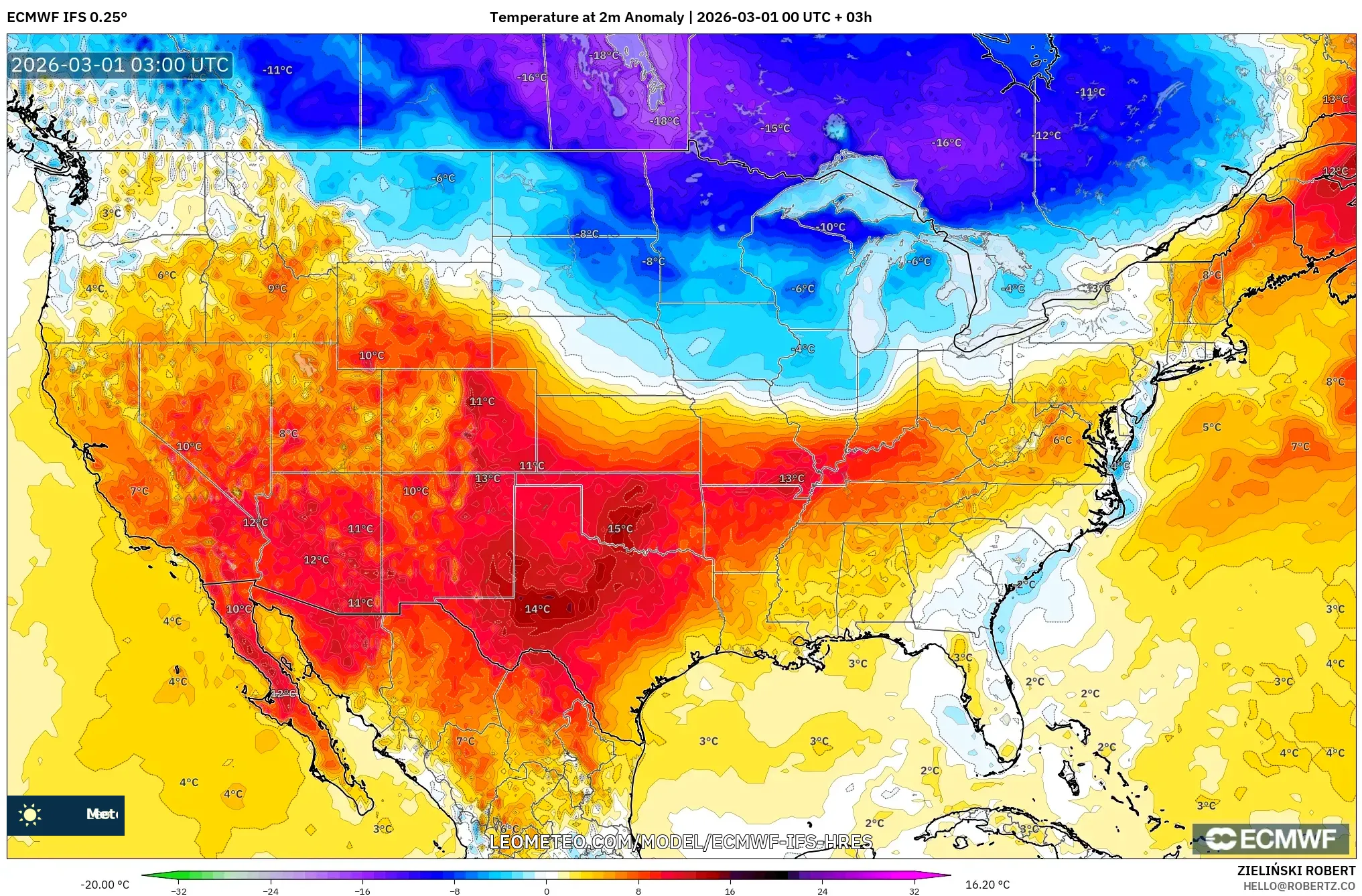 ECMWF IFS 0.25° model - Estados Unidos, Anomalía de temperatura a 2 m