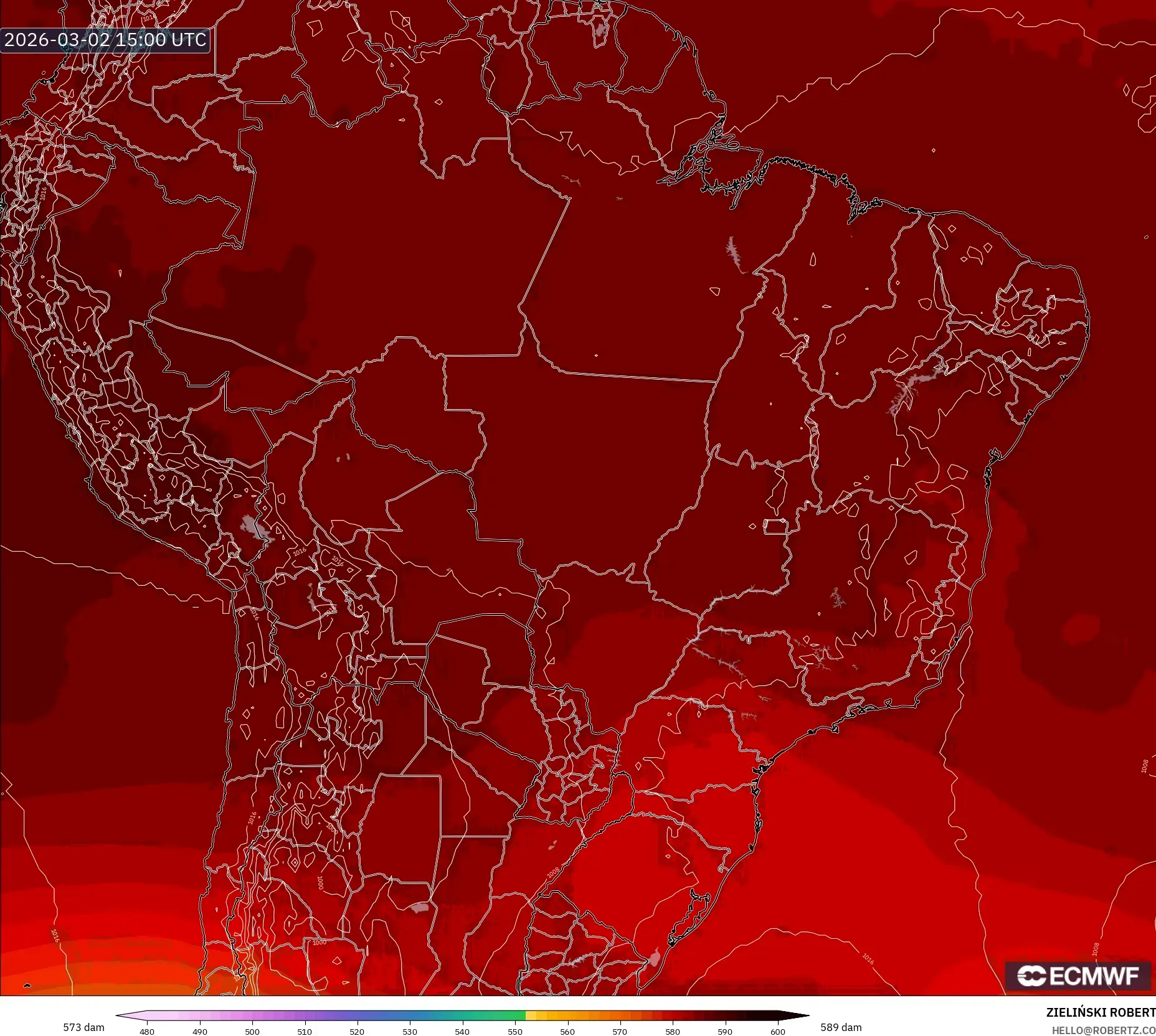 ECMWF IFS 0.25° model - Brasil, Altura geopotencial a 500 hPa