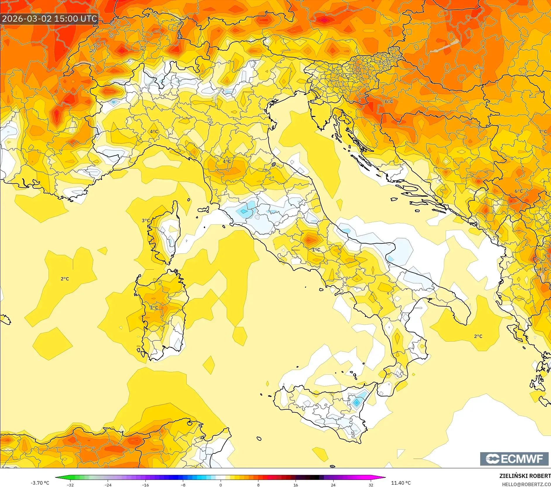 ECMWF IFS 0.25° model - Italia, Anomalía de temperatura a 2 m