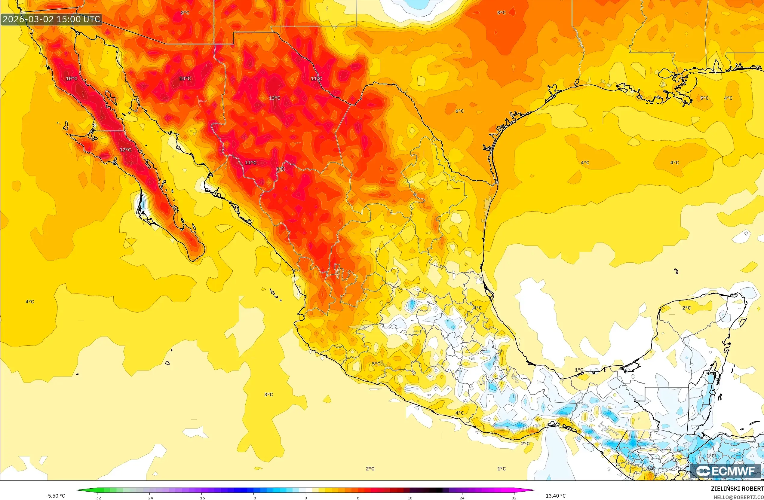 ECMWF IFS 0.25° model - México, Anomalía de temperatura a 2 m