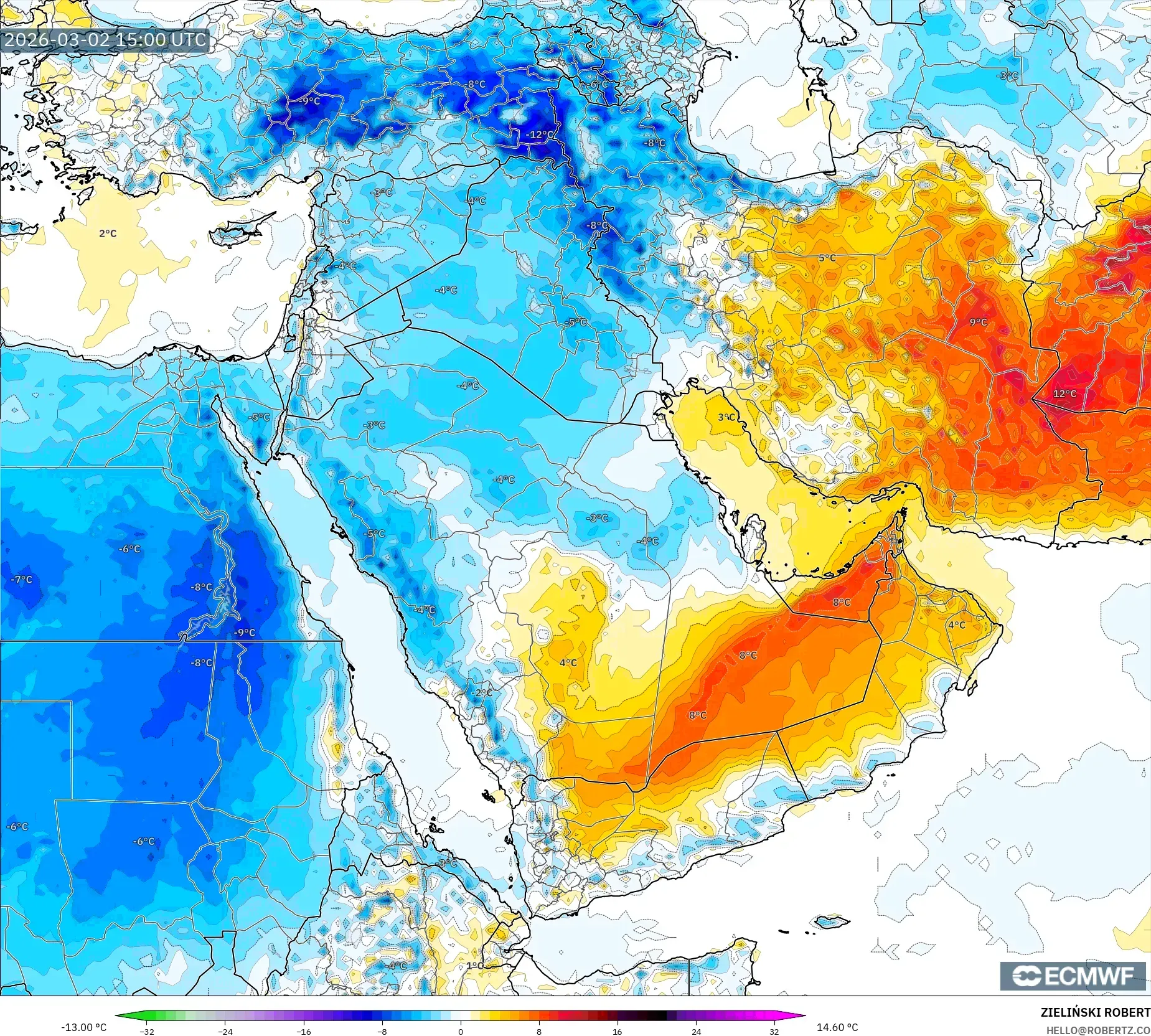 ECMWF IFS 0.25° model - Oriente Medio, Anomalía de temperatura a 2 m