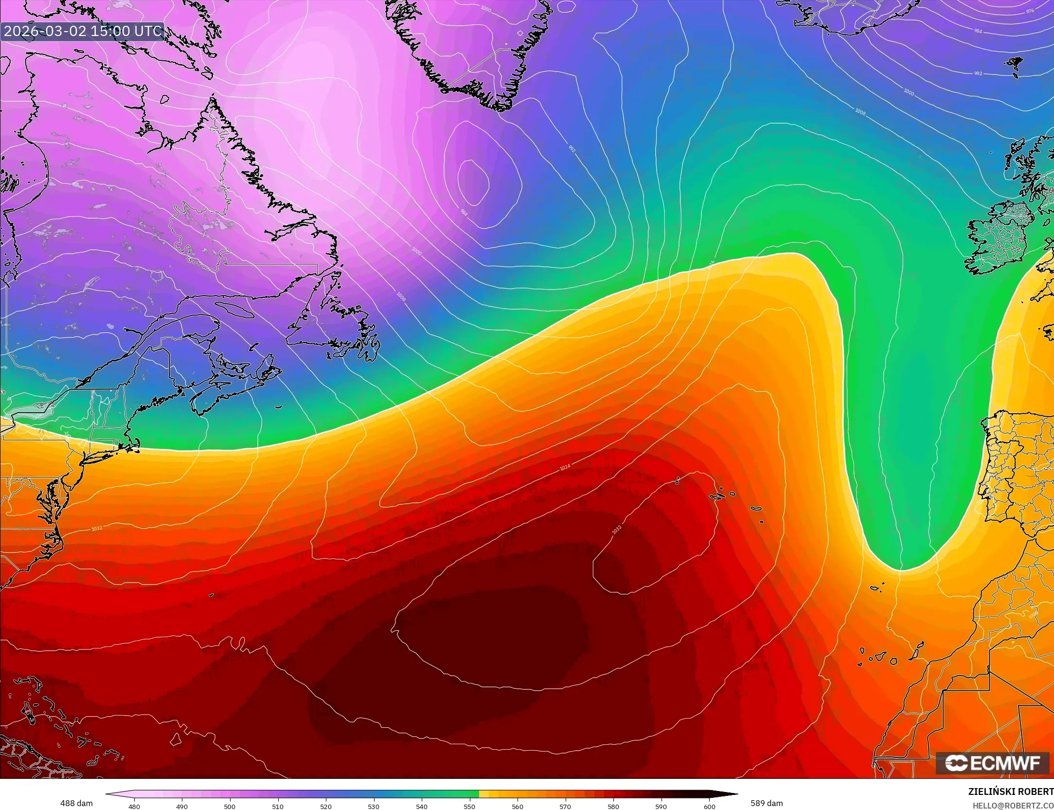 ECMWF IFS 0.25° model - Norte Atlántico, Altura geopotencial a 500 hPa