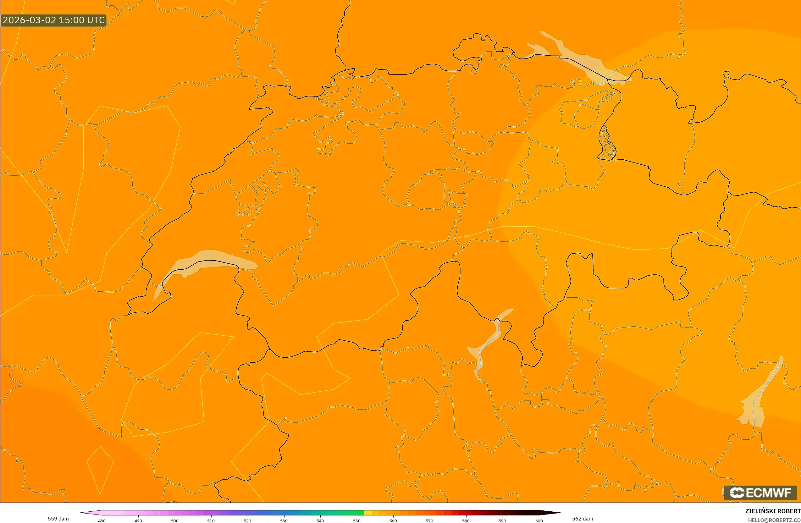 ECMWF IFS 0.25° model - Suiza, Altura geopotencial a 500 hPa
