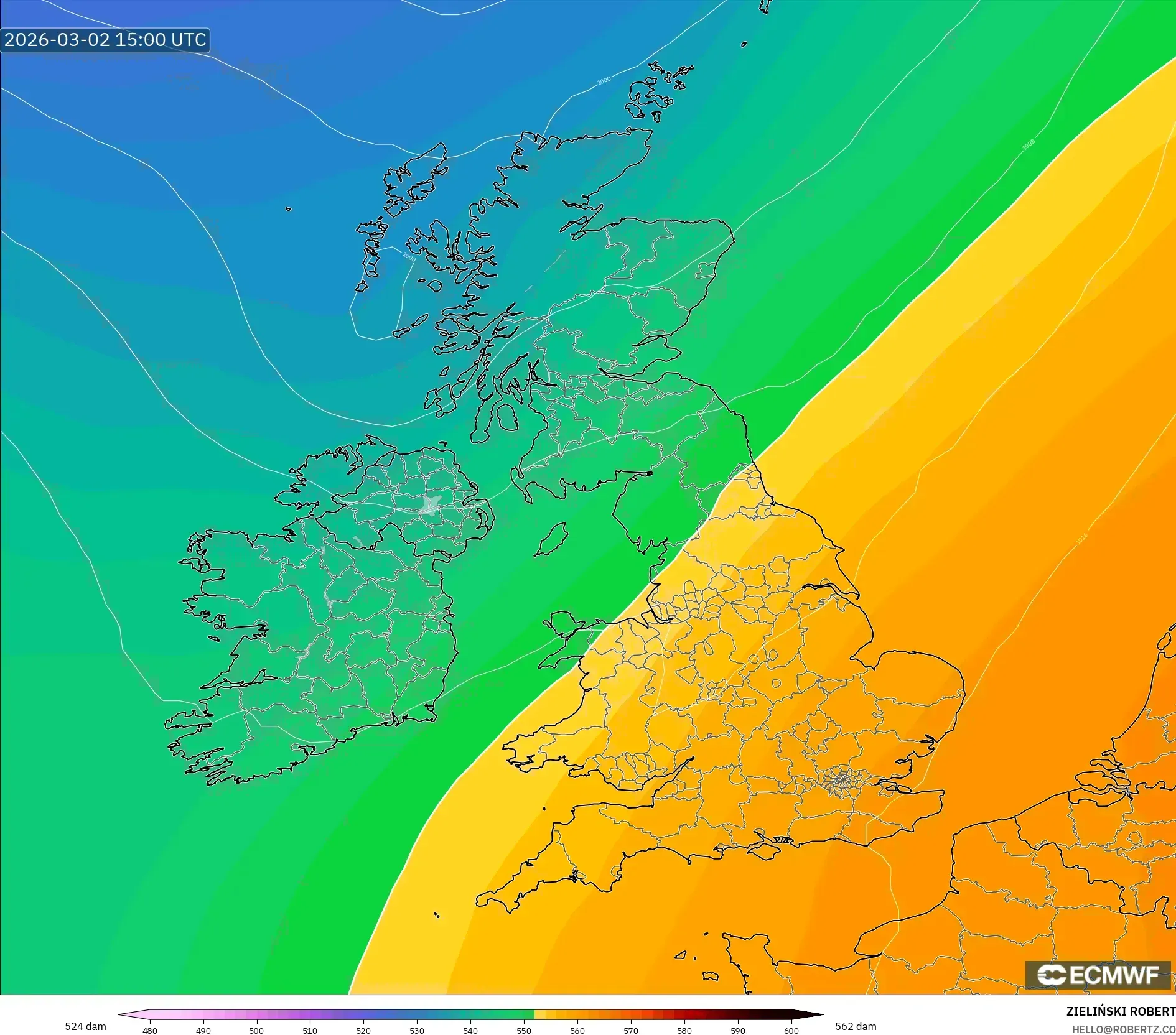 ECMWF IFS 0.25° model - Reino Unido, Altura geopotencial a 500 hPa