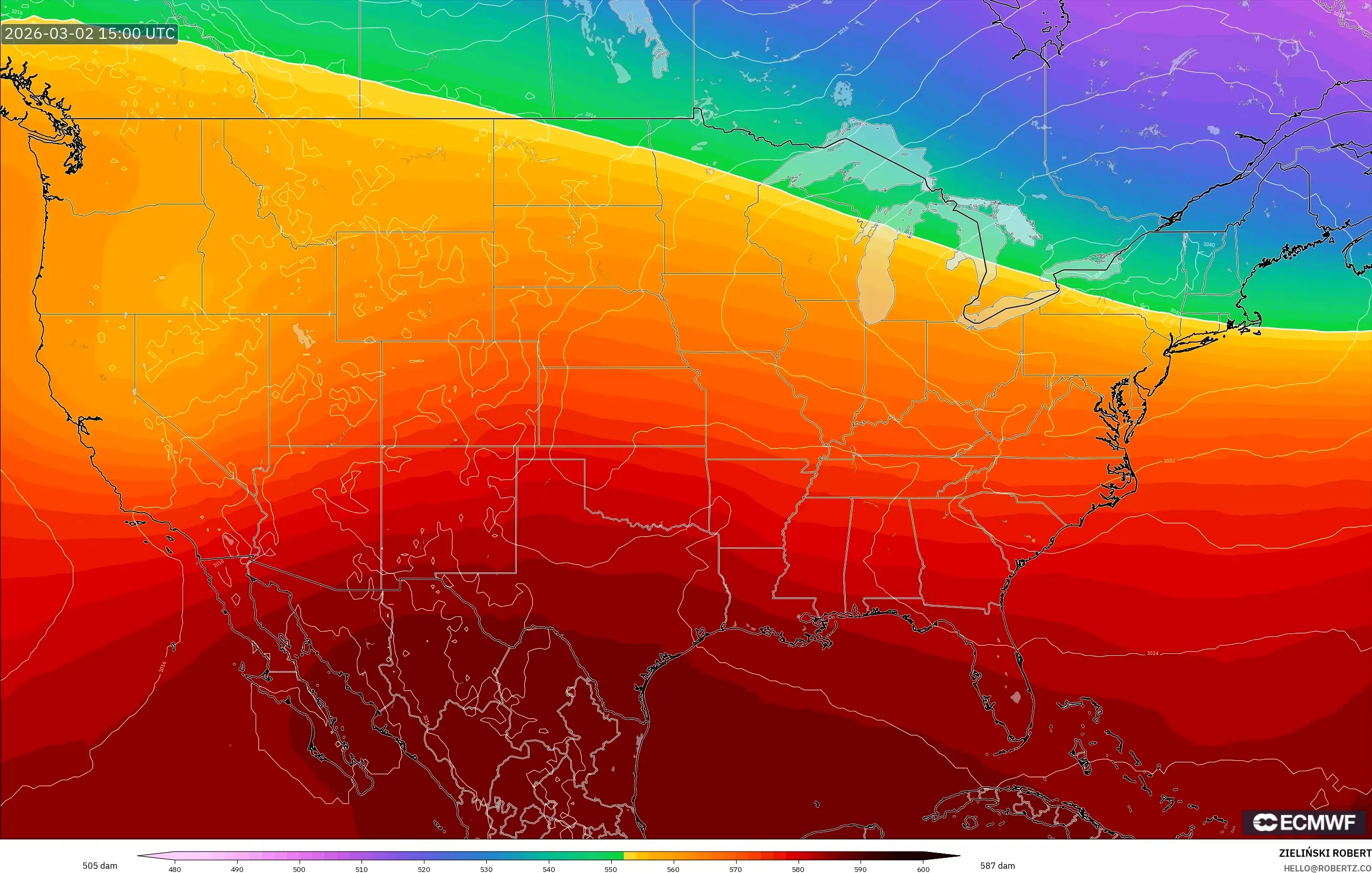 ECMWF IFS 0.25° model - Estados Unidos, Altura geopotencial a 500 hPa