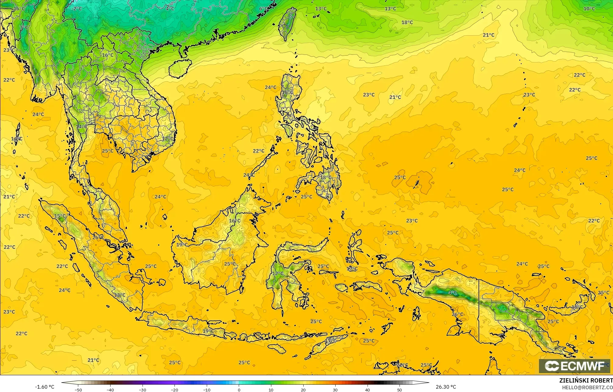ECMWF IFS 0.25° modelo - Sudeste Asiático, Punto de rocío a 2 m
