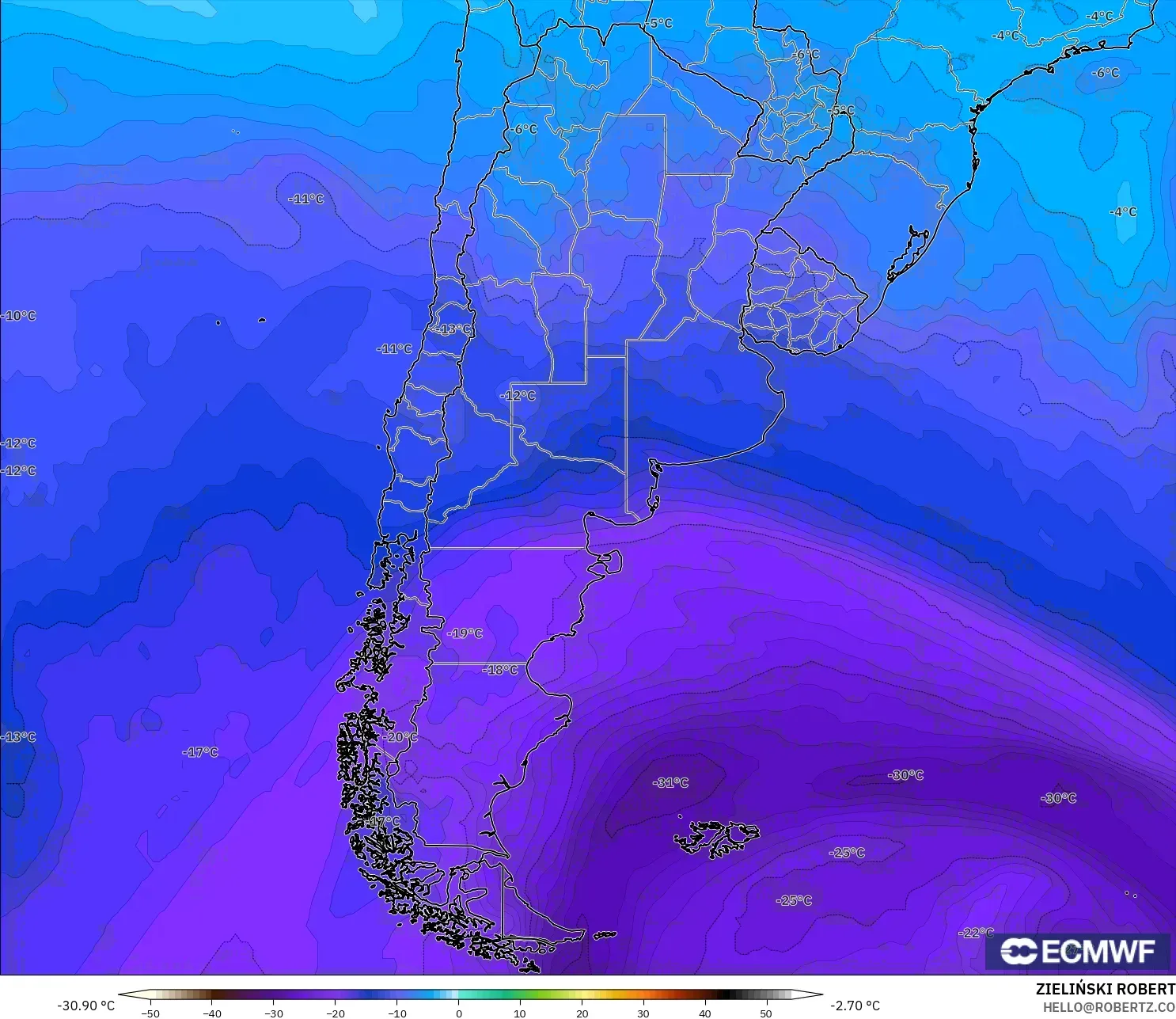 ECMWF IFS 0.25° modelo - Argentina, Temperatura a 500 hPa
