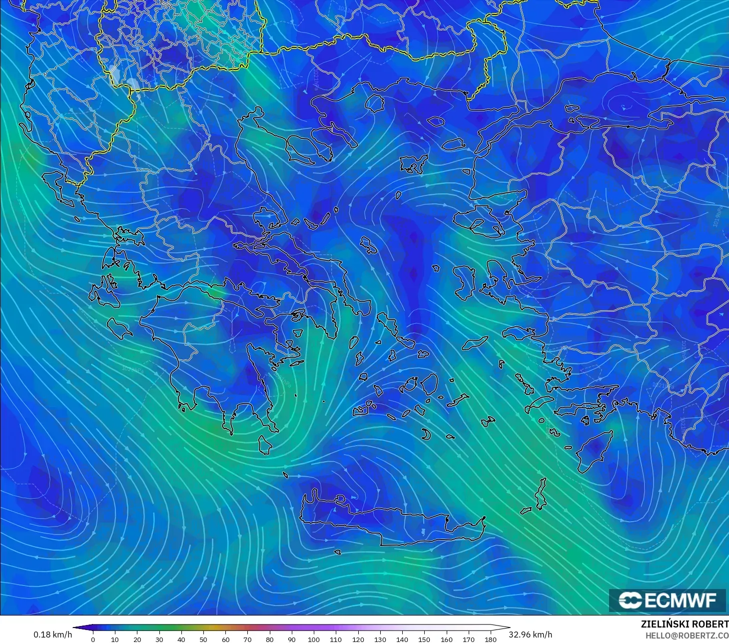 ECMWF IFS 0.25° modelo - Grecia, Viento a 10 m