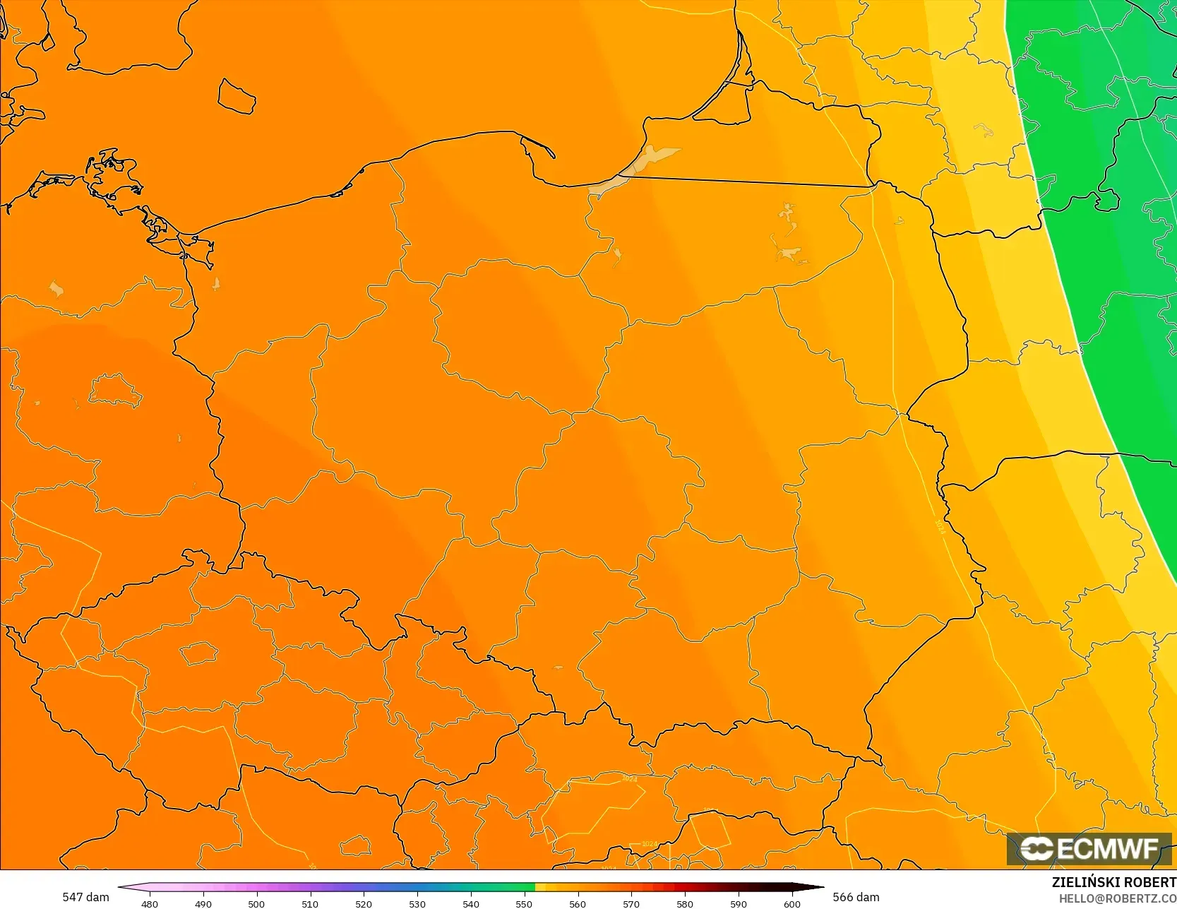 ECMWF IFS 0.25° modelo - Polonia, Altura geopotencial a 500 hPa