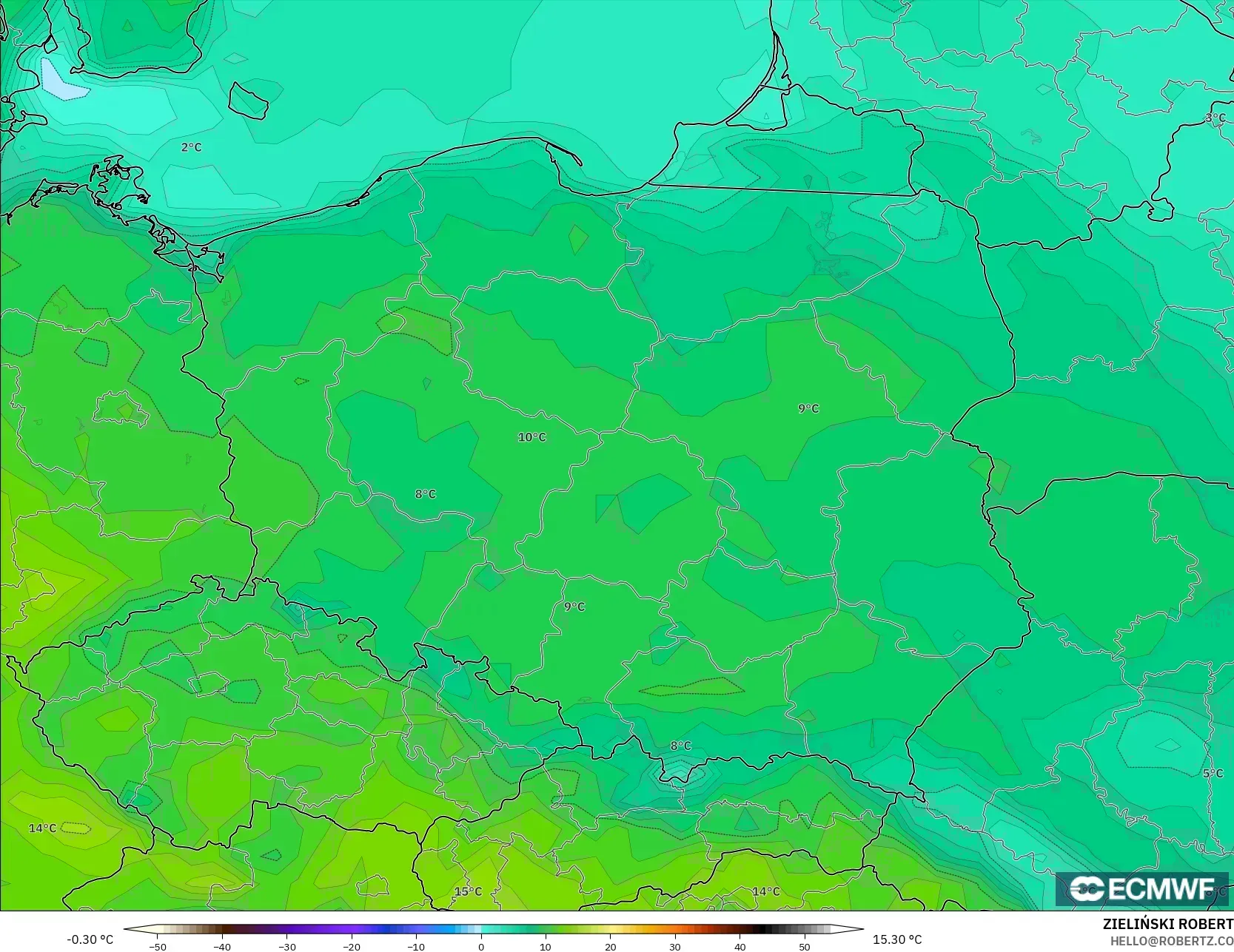 ECMWF IFS 0.25° modelo - Polonia, Temperatura a 2 m