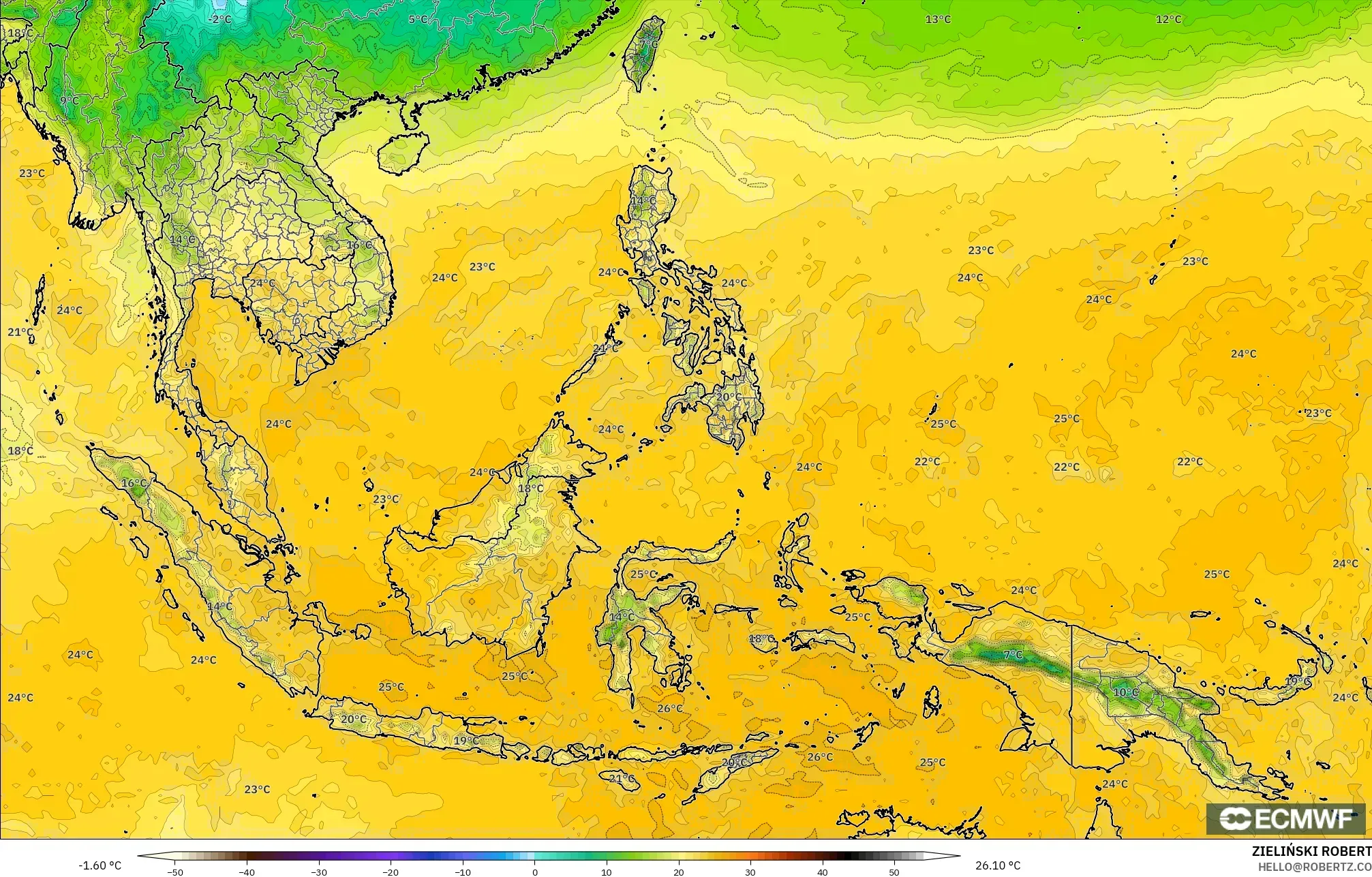 ECMWF IFS 0.25° modelo - Sudeste Asiático, Punto de rocío a 2 m
