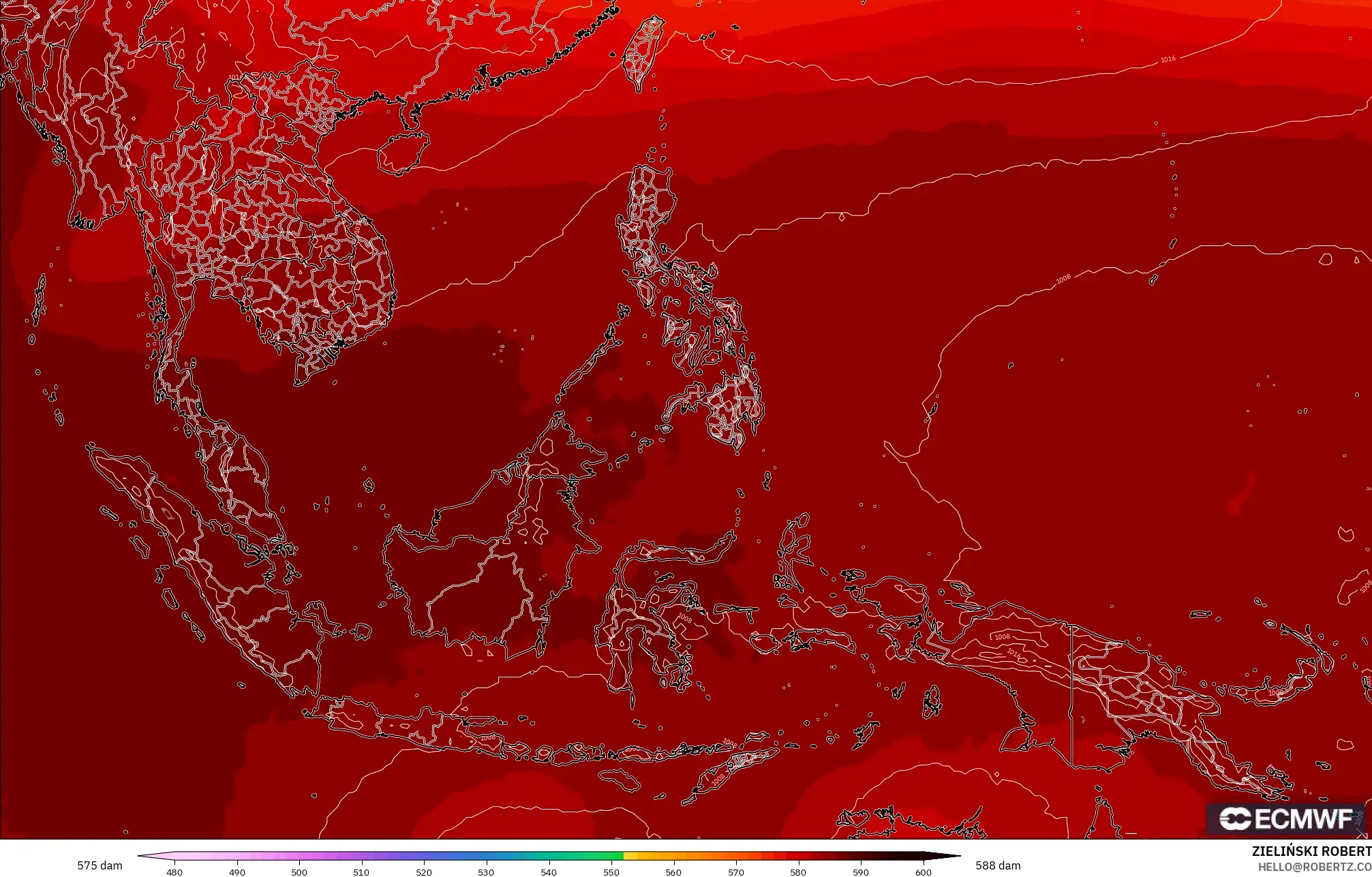 ECMWF IFS 0.25° modelo - Sudeste Asiático, Altura geopotencial a 500 hPa
