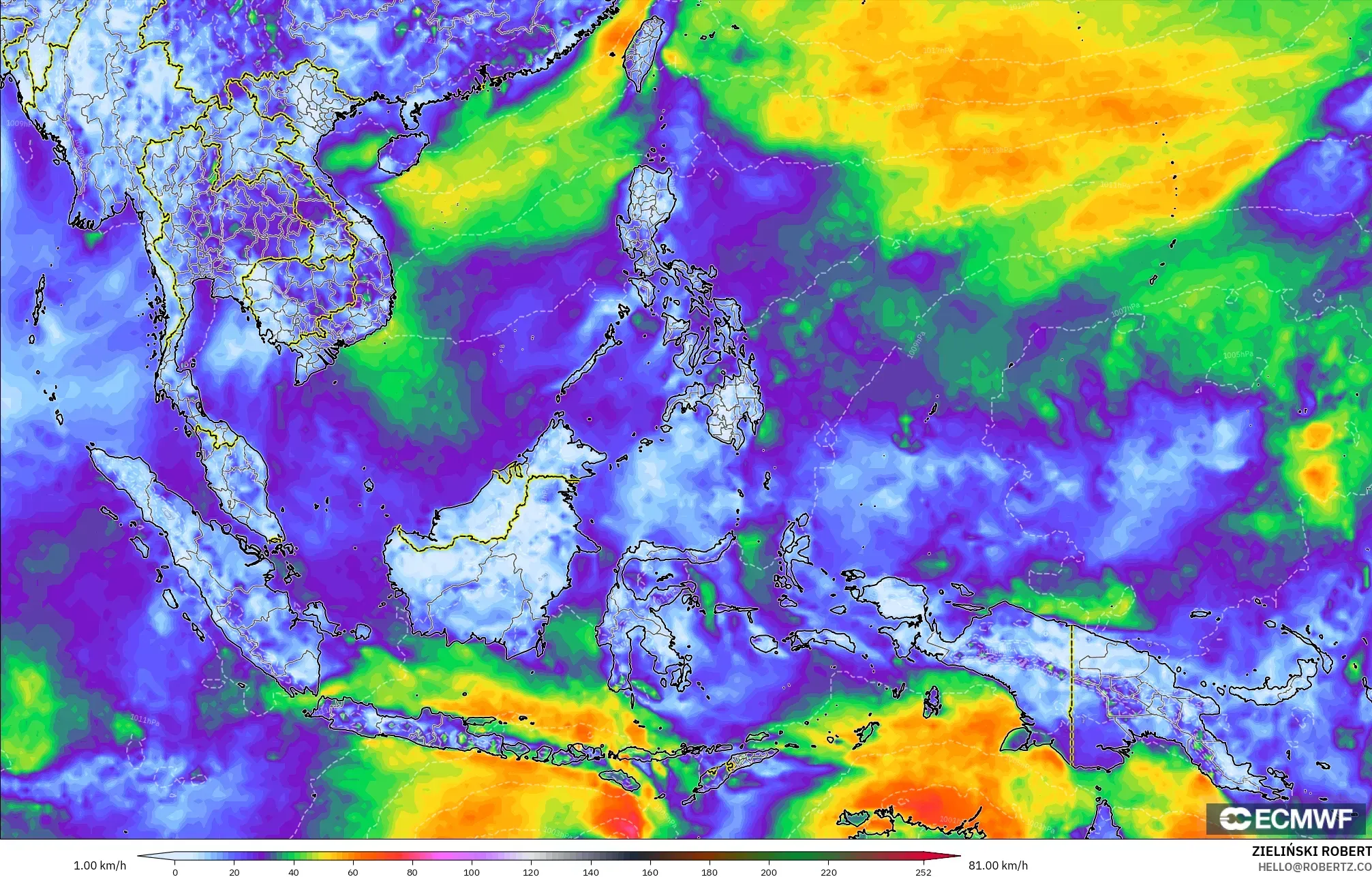 ECMWF IFS 0.25° modelo - Sudeste Asiático, Ráfagas de viento