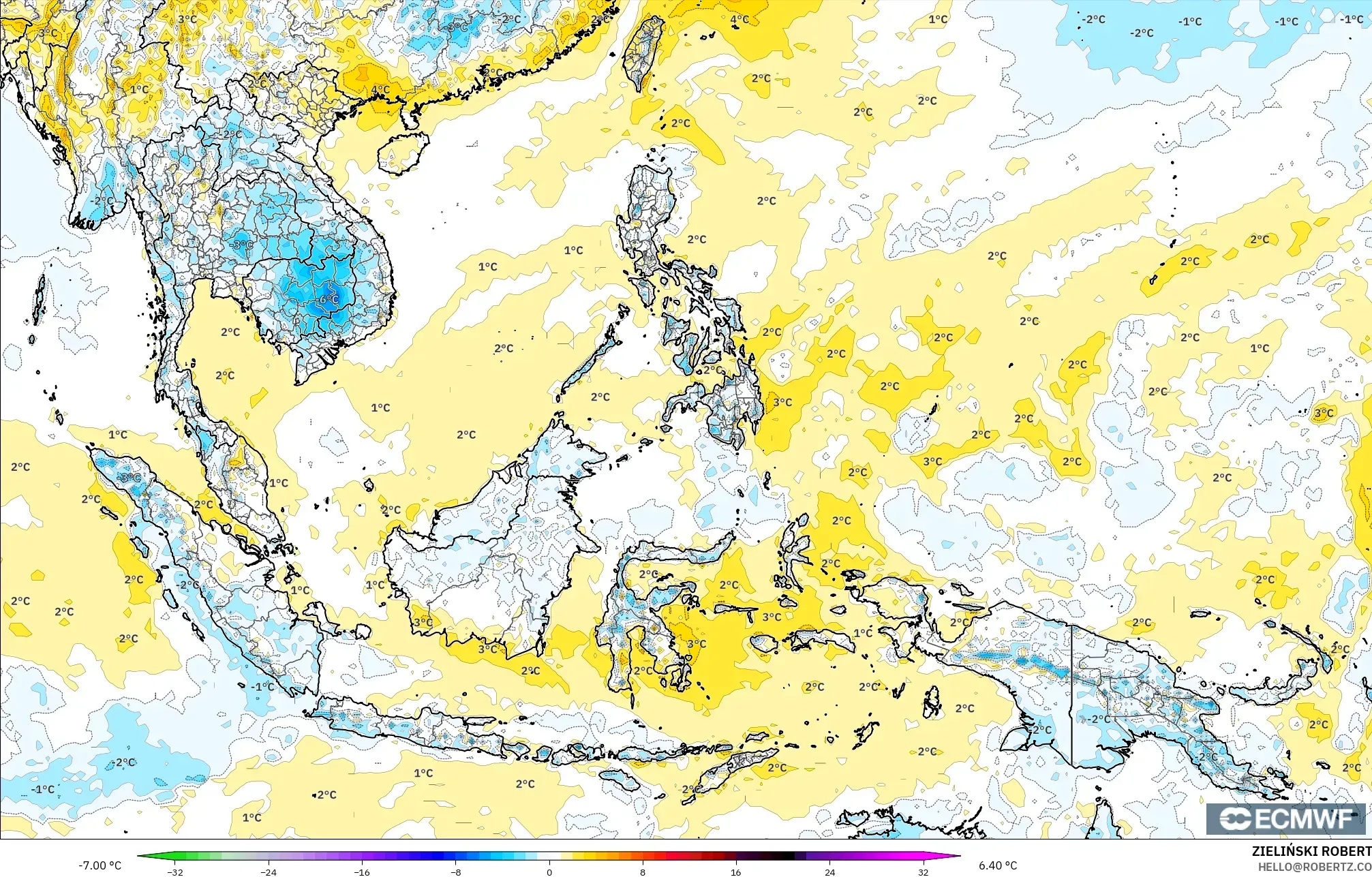 ECMWF IFS 0.25° modelo - Sudeste Asiático, Anomalía de temperatura a 2 m