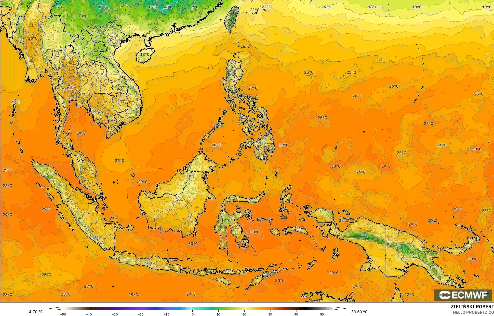 ECMWF IFS 0.25° modelo - Sudeste Asiático, Temperatura a 2 m