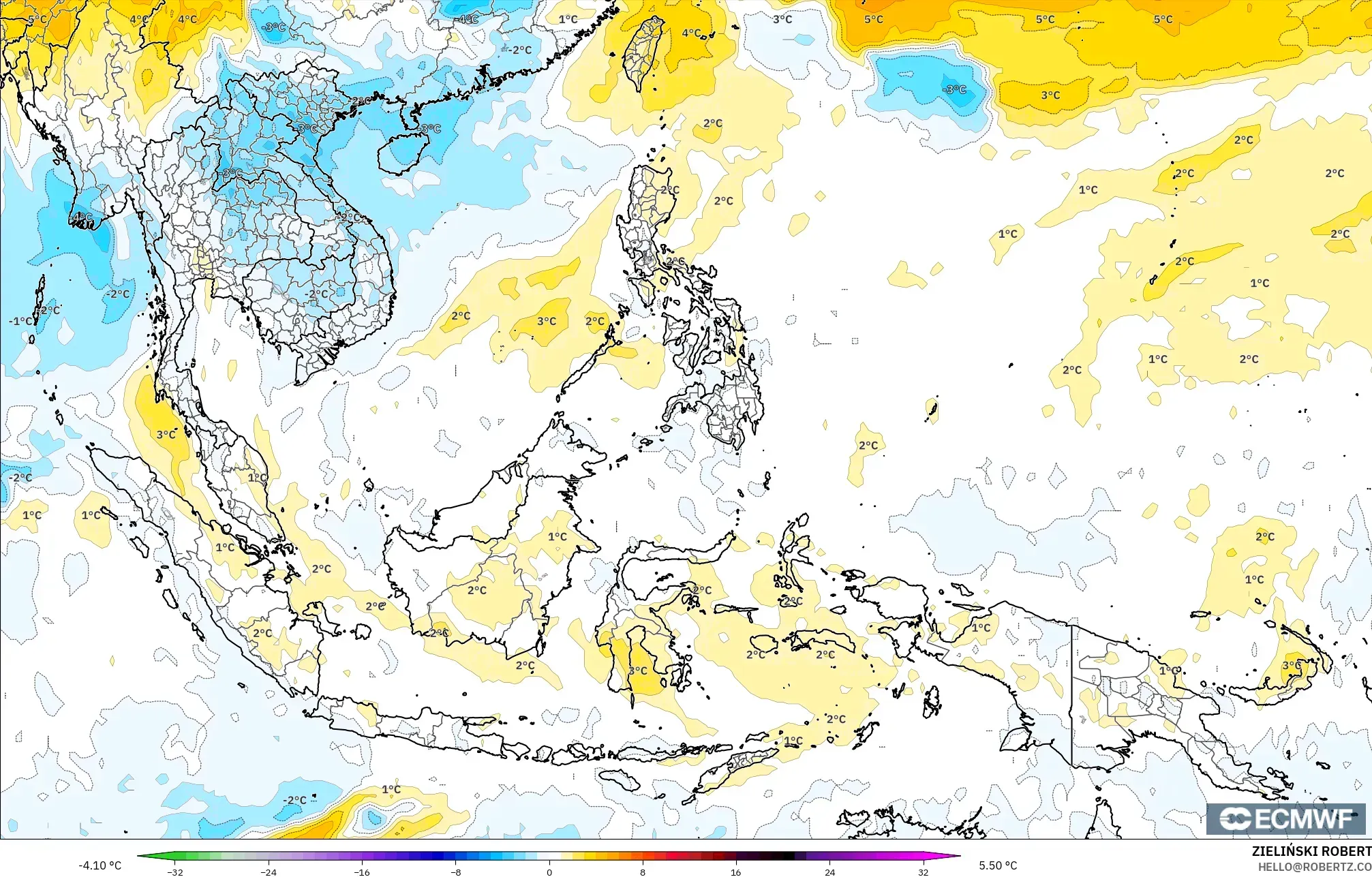 ECMWF IFS 0.25° modelo - Sudeste Asiático, Anomalía de temperatura a 850 hPa