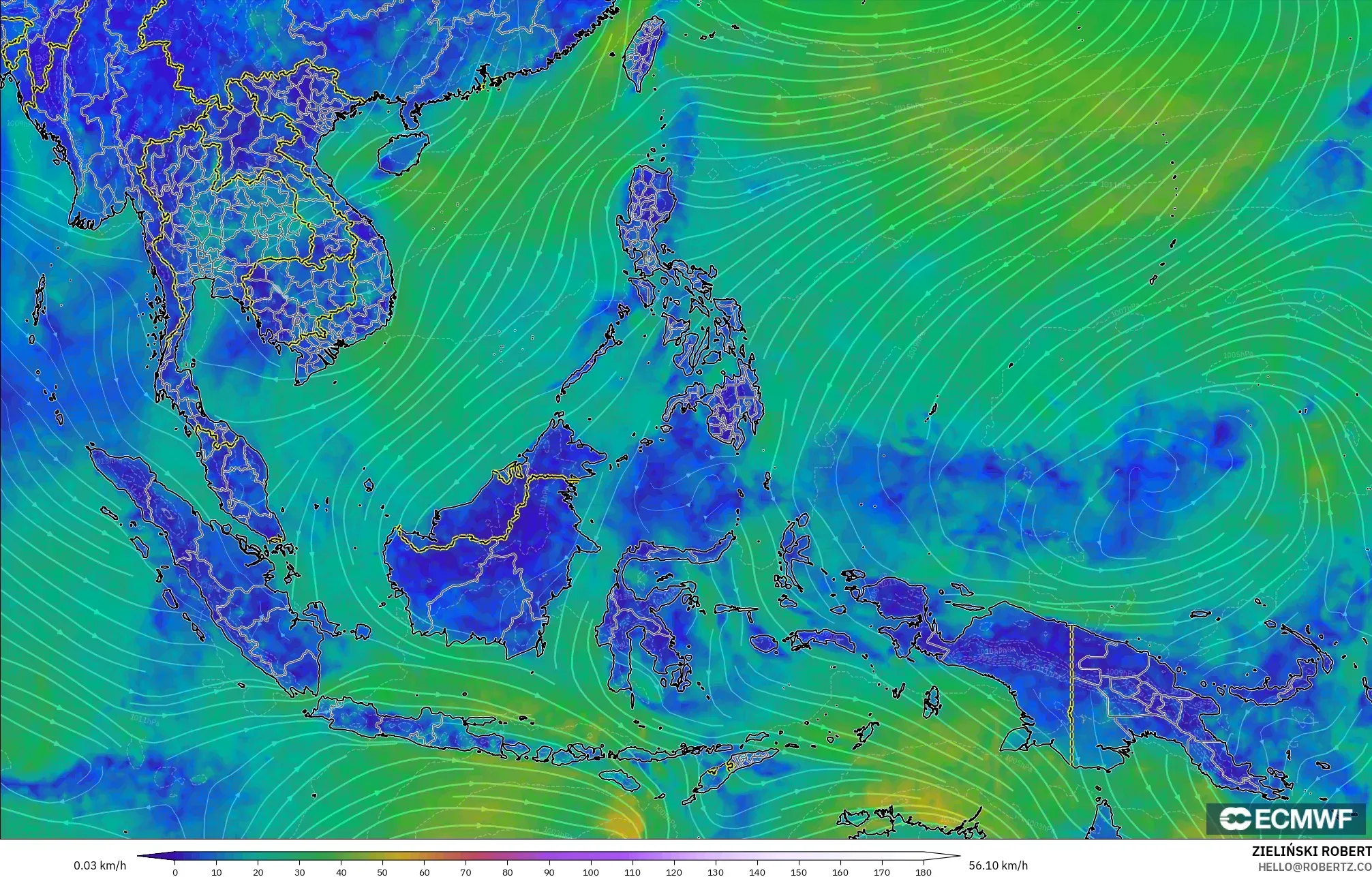 ECMWF IFS 0.25° modelo - Sudeste Asiático, Viento a 10 m