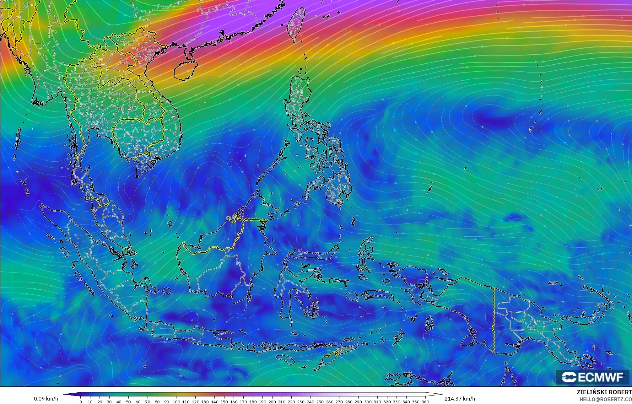 ECMWF IFS 0.25° modelo - Sudeste Asiático, Viento a 300 hPa (corriente en chorro)