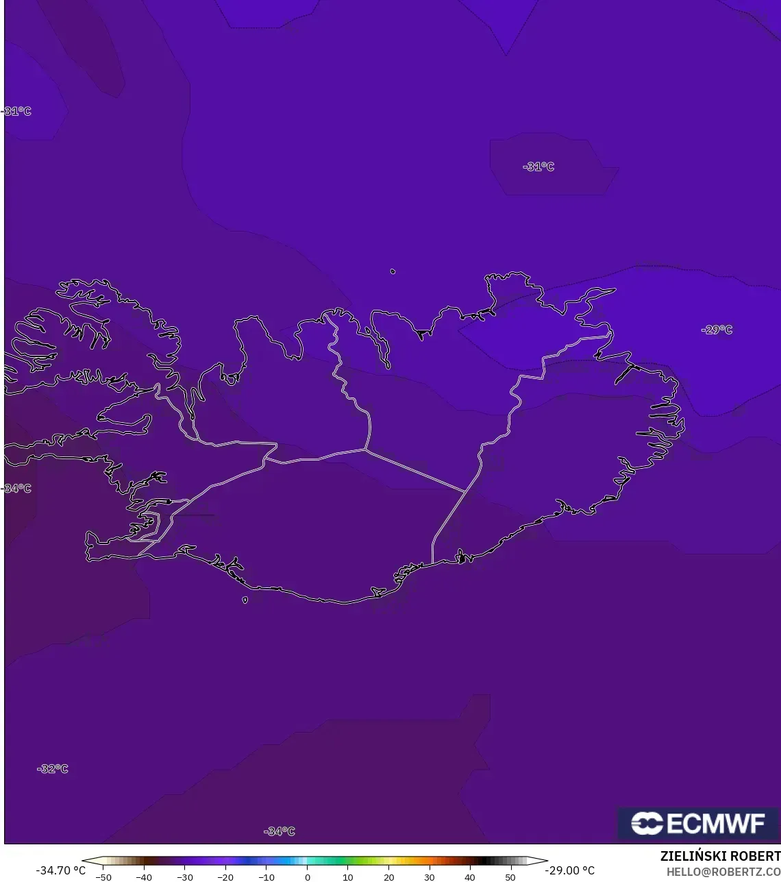 ECMWF IFS 0.25° modelo - Islandia, Temperatura a 500 hPa