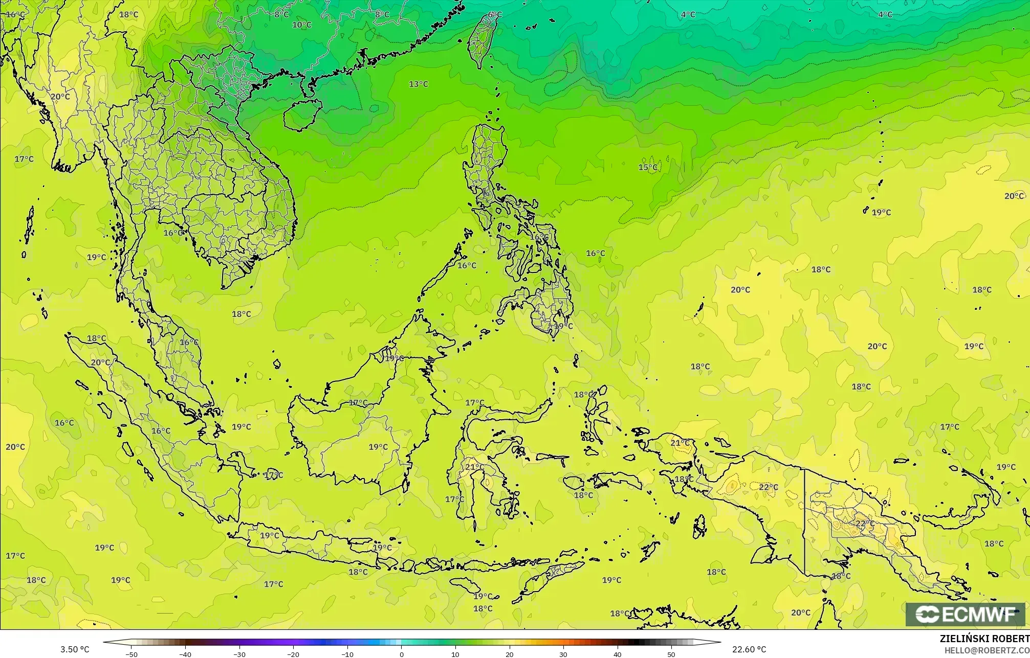 ECMWF IFS 0.25° modelo - Sudeste Asiático, Temperatura a 850 hPa