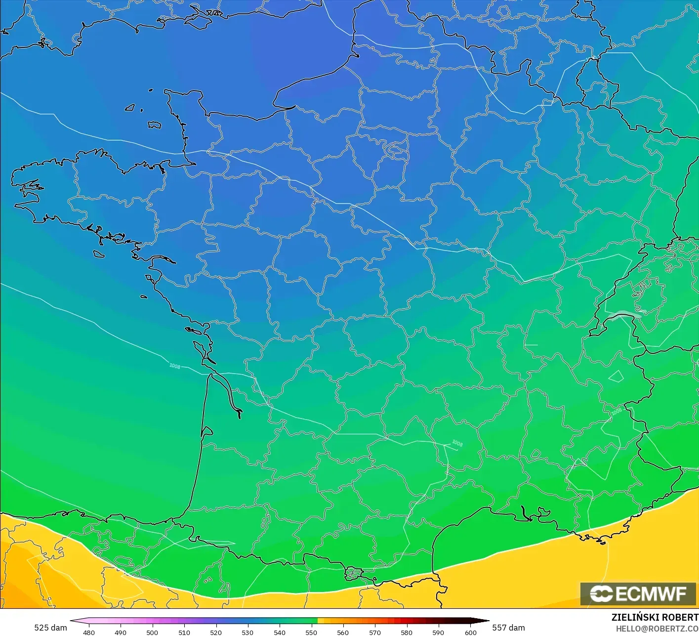 ECMWF IFS 0.25° modelo - Francia, Altura geopotencial a 500 hPa