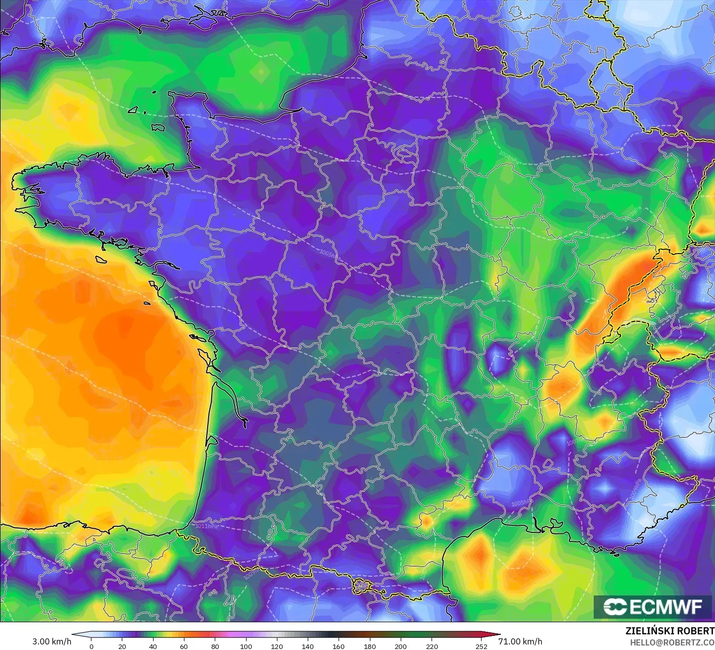 ECMWF IFS 0.25° modelo - Francia, Ráfagas de viento