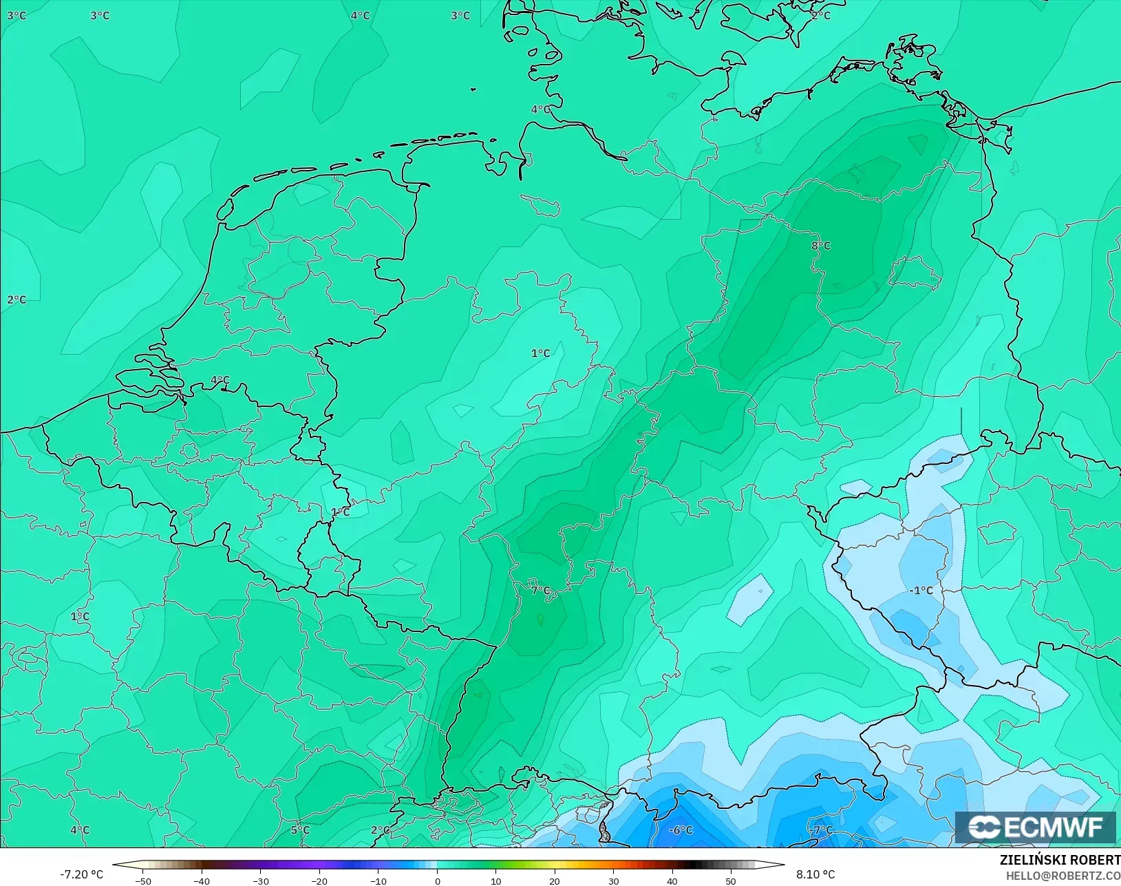 ECMWF IFS 0.25° modelo - Alemania, Punto de rocío a 2 m