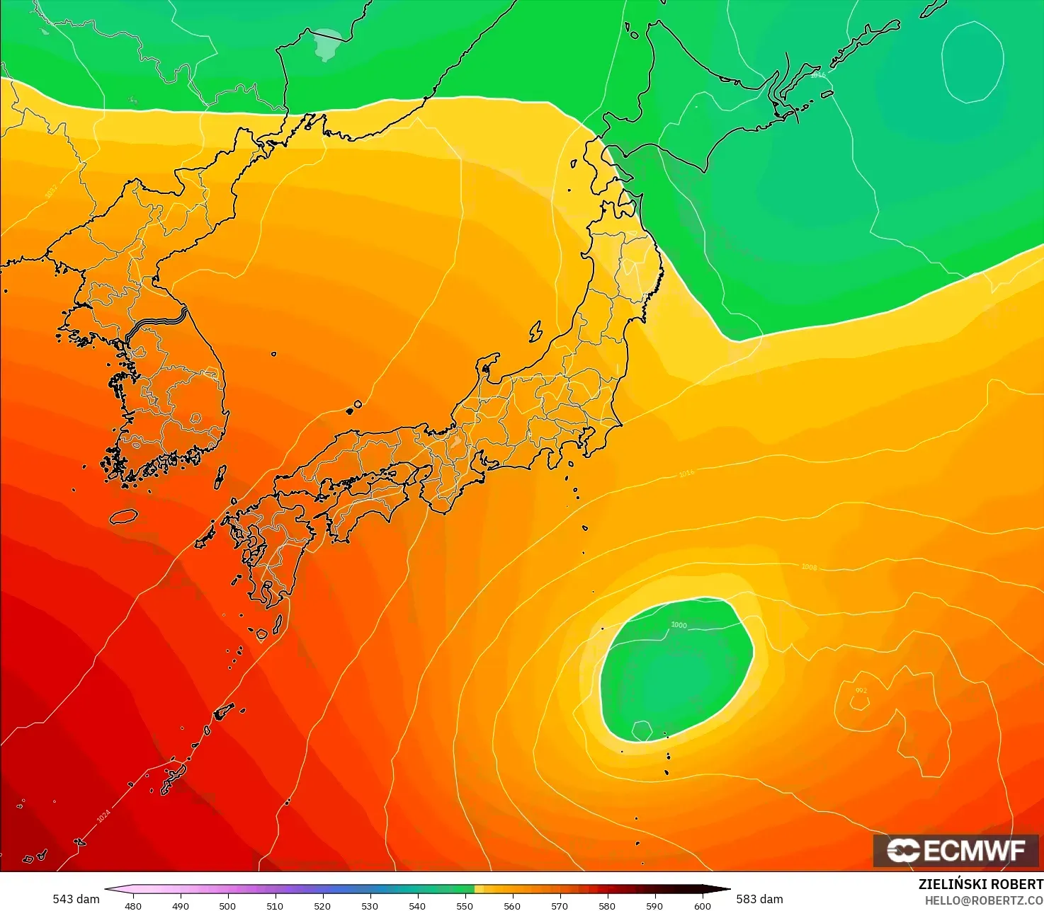 ECMWF IFS 0.25° modelo - Japón, Altura geopotencial a 500 hPa