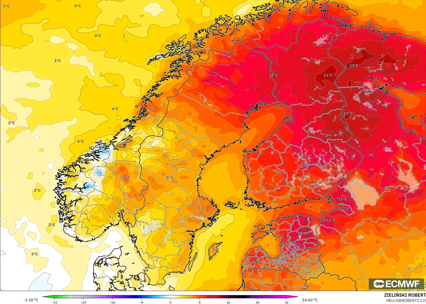 ECMWF IFS 0.25° modelo - Escandinavia, Anomalía de temperatura a 2 m