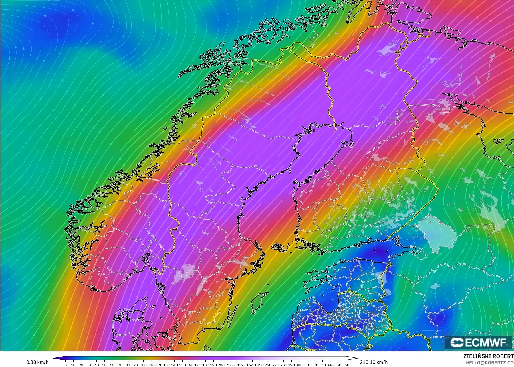 ECMWF IFS 0.25° modelo - Escandinavia, Viento a 300 hPa (corriente en chorro)