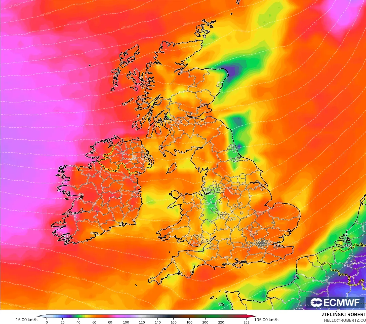 ECMWF IFS 0.25° modelo - Reino Unido, Ráfagas de Viento Máximas