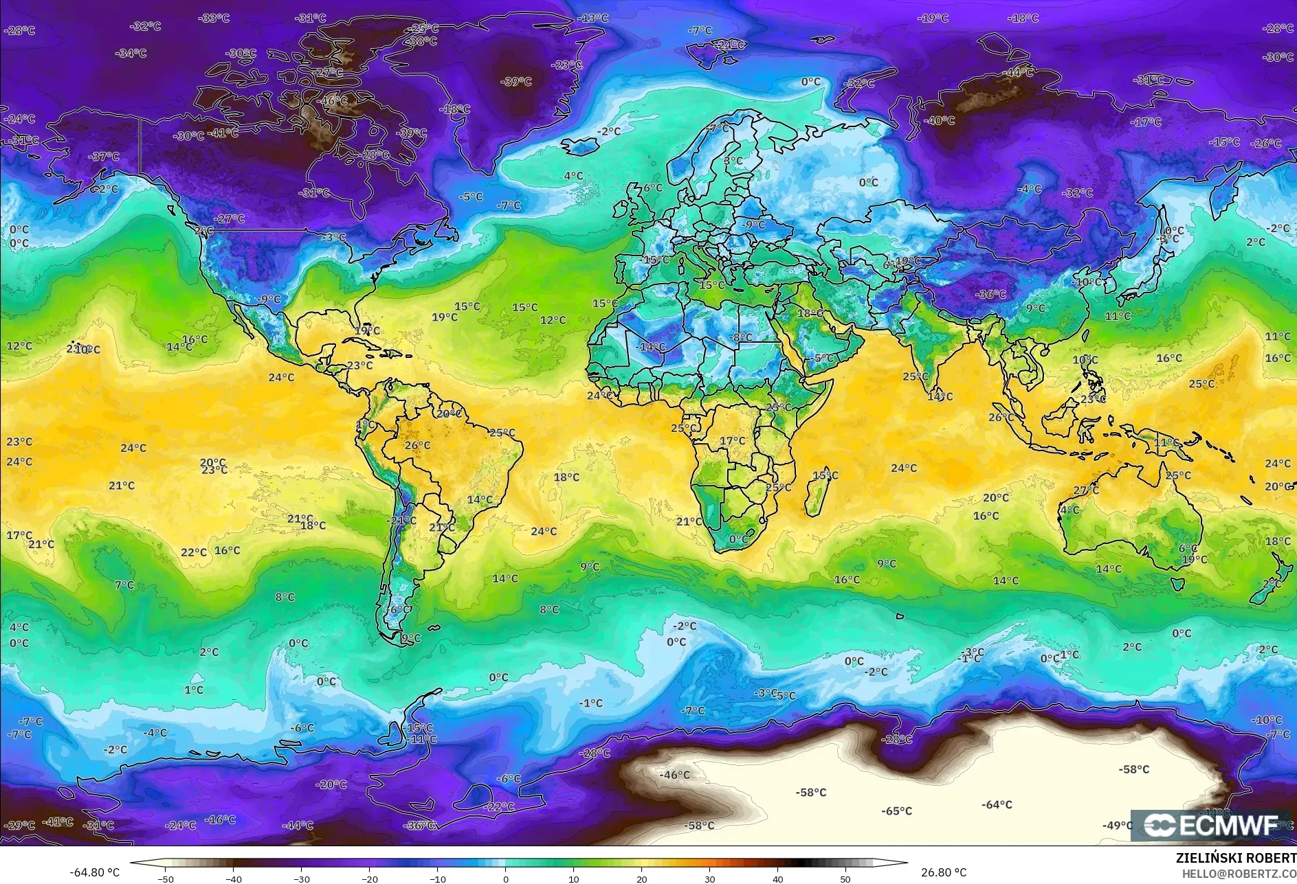 ECMWF IFS 0.25° modelo - Mundo, Punto de rocío a 2 m